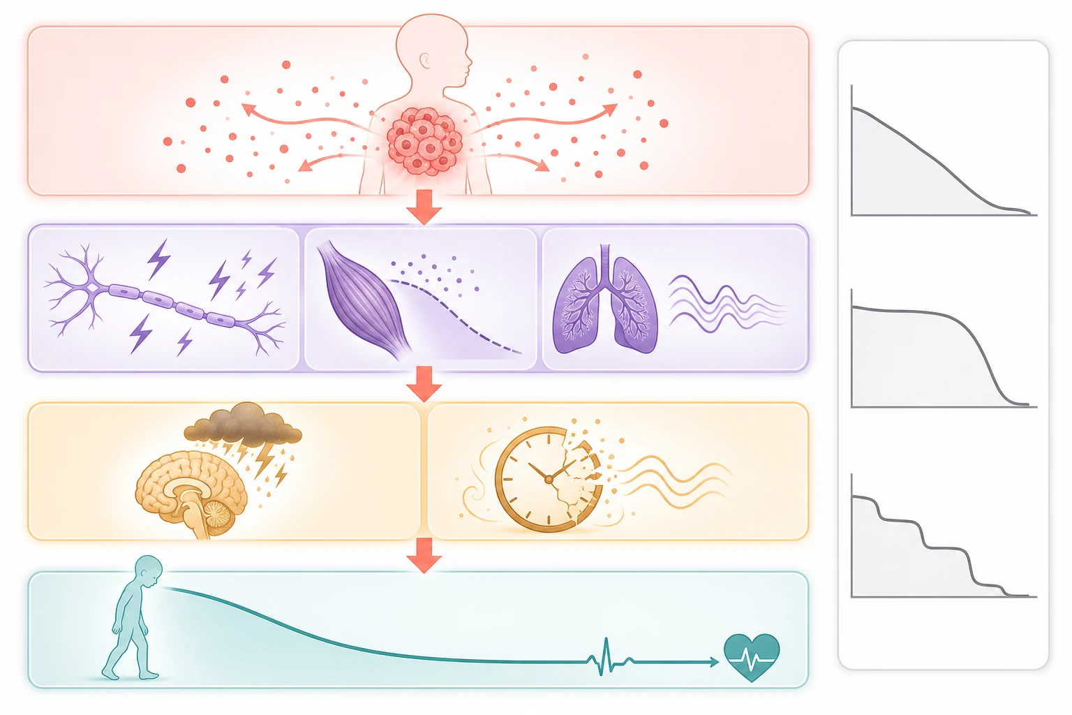 A clean scientific schematic on a white background with four vertical tiers connected by downward coral arrows. The top tier in coral shows a cluster of tumour cells inside a body outline radiating cytokine particles. The second tier in violet shows three parallel mechanism panels of a nerve with lightning sparks for pain, a muscle with a shrinking curve for cachexia and a lung with a fatigue wave for breathlessness. The third tier in amber shows a brain with a storm cloud for psychological distress and a disrupted clock for sleep disturbance. The bottom tier in teal shows a downward functional-decline curve merging into a flatline with a heart for the transition to the dying phase. A right-hand column shows three small trajectory curves stacked for the steady decline, the steep fall and the stepwise fall. No text appears in the figure.