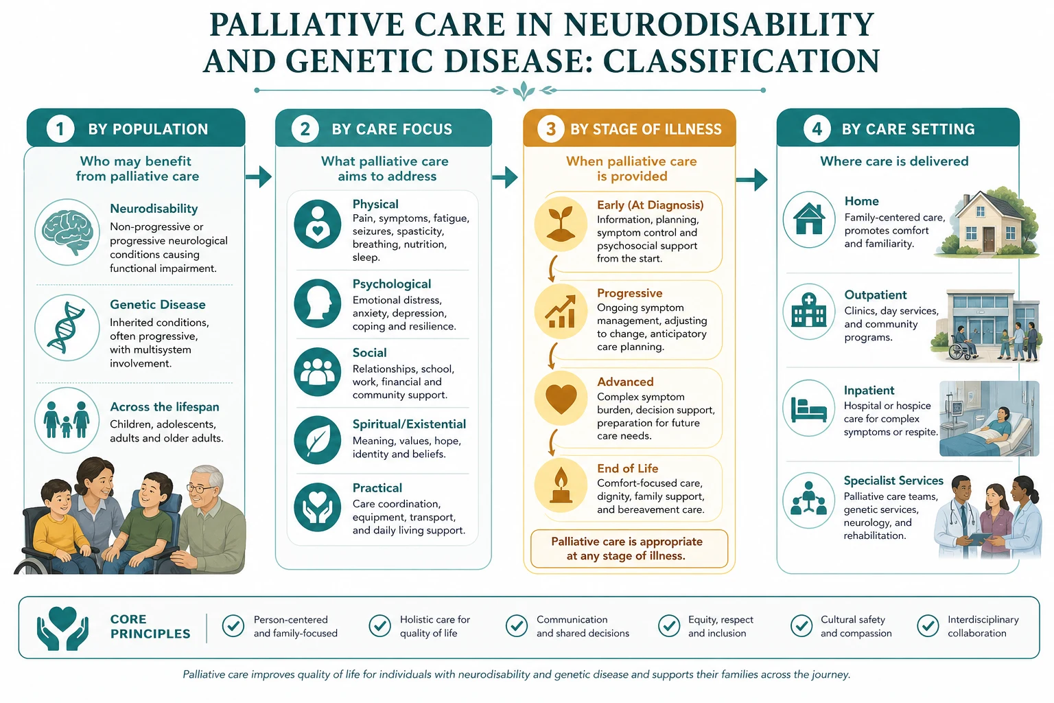 Classification diagram for palliative care in neurodisability and genetic disease showing the major clinical axes used at the bedside.