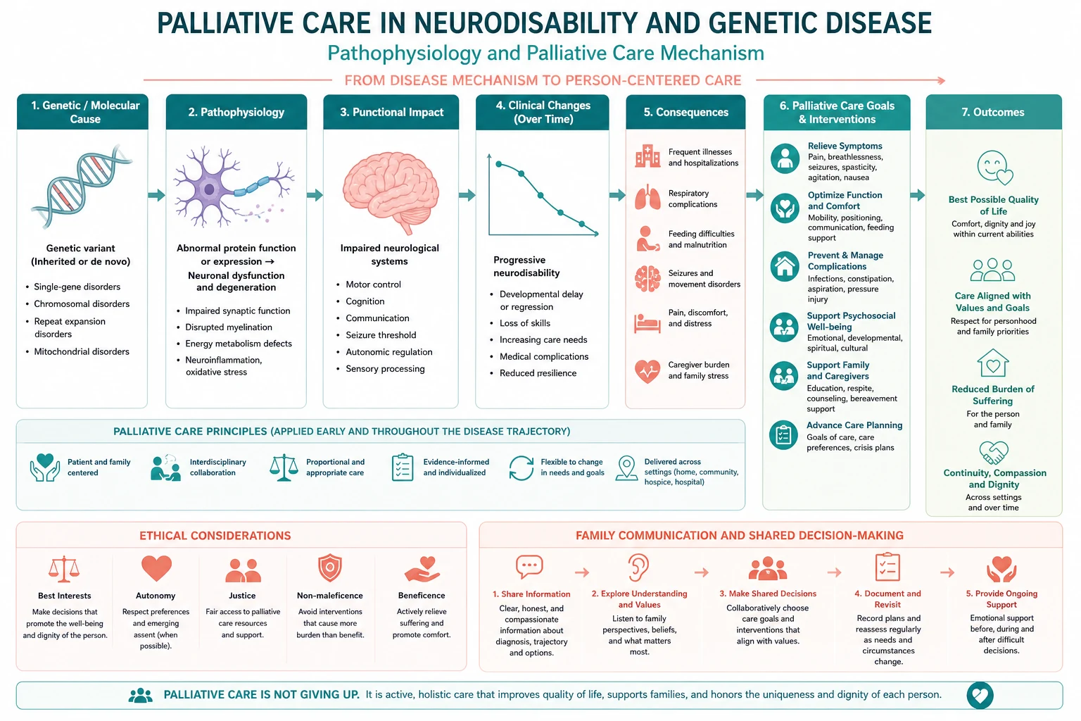 Mechanism diagram for palliative care in neurodisability and genetic disease linking clinical change, ethical standards and family communication.