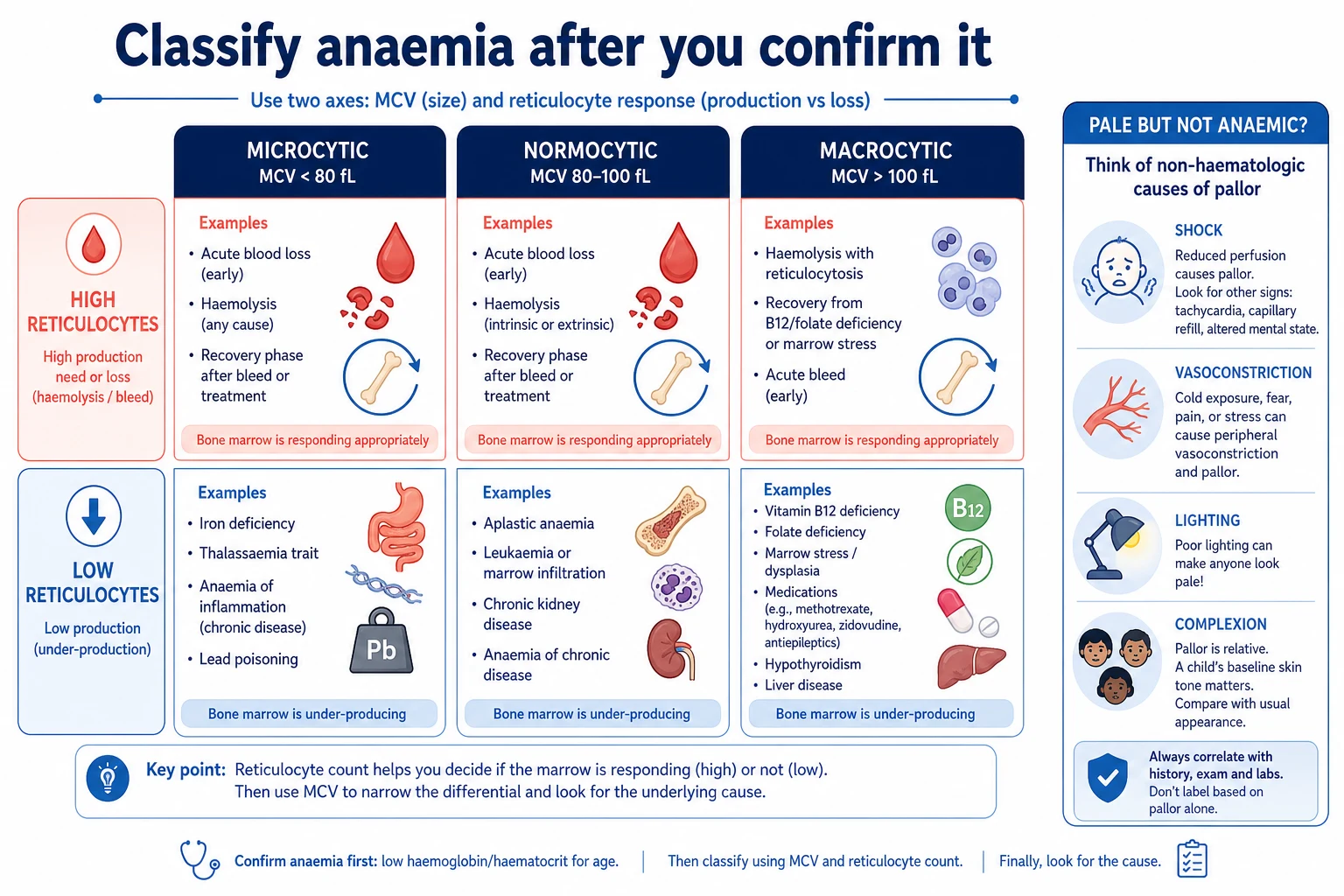 MCV by reticulocyte grid organising paediatric anaemia differentials including iron deficiency, thalassaemia, haemolysis and marrow failure