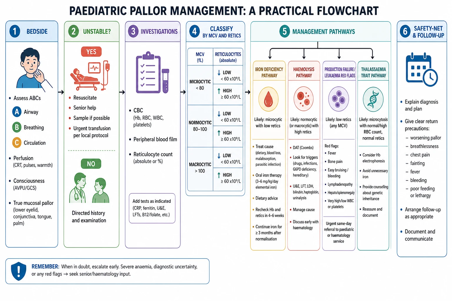 Stepwise flowchart from bedside pallor assessment through classification to iron, haemolysis, marrow failure pathways and safety-netting