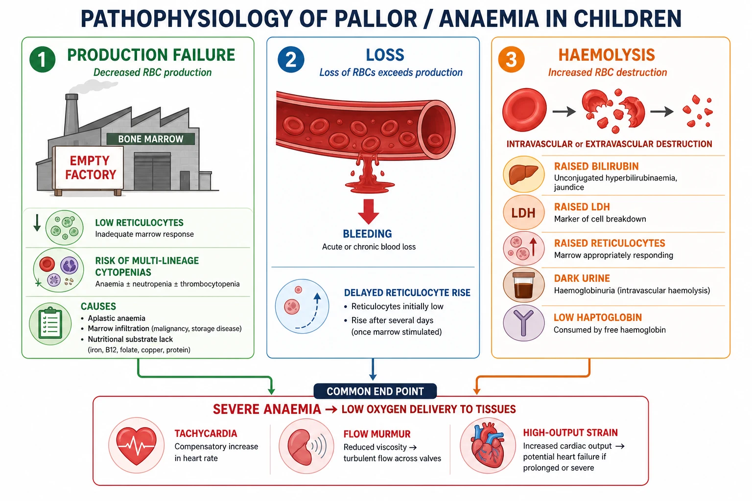 Three pathways of paediatric anaemia: production failure, blood loss, and haemolysis with associated laboratory patterns