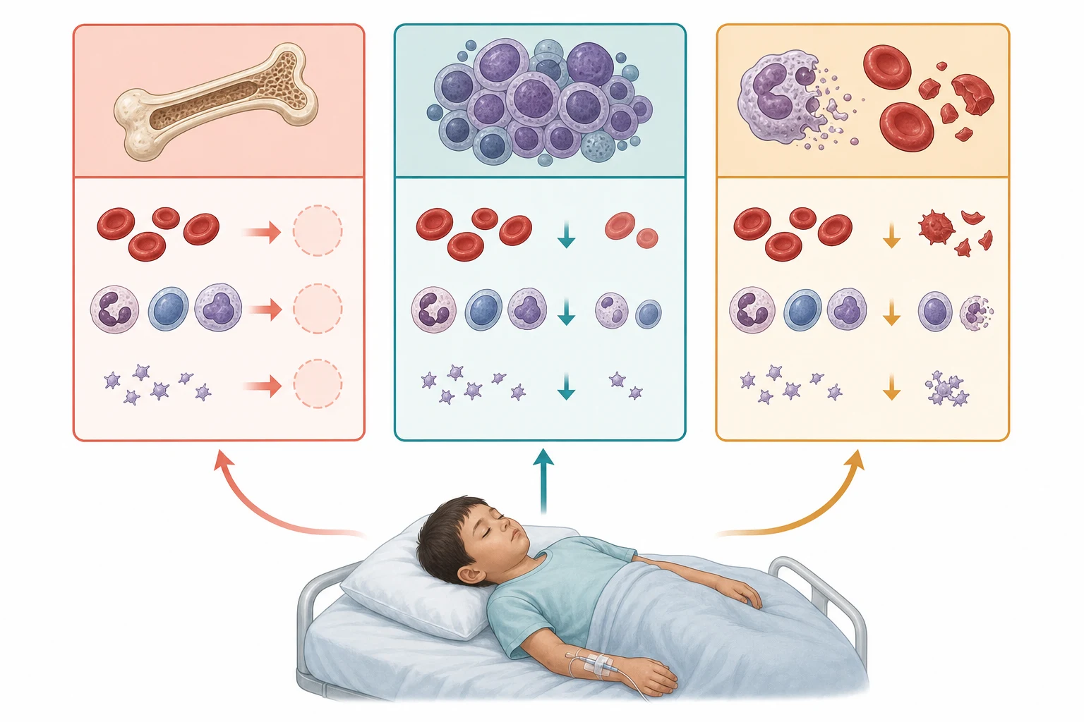 A clean schematic on a white background showing the three causes of pancytopenia as three colour-coded vertical columns. The first column in coral red shows a hollow bone icon and represents reduced production or marrow failure. The second column in teal shows a crowded cluster of abnormal cells and represents marrow replacement by leukaemia, neuroblastoma or histiocytosis. The third column in amber shows cells being destroyed and represents peripheral consumption, sequestration, haemolysis or sepsis. A small child figure sits below with arrows pointing up to all three columns. No text appears in the figure.