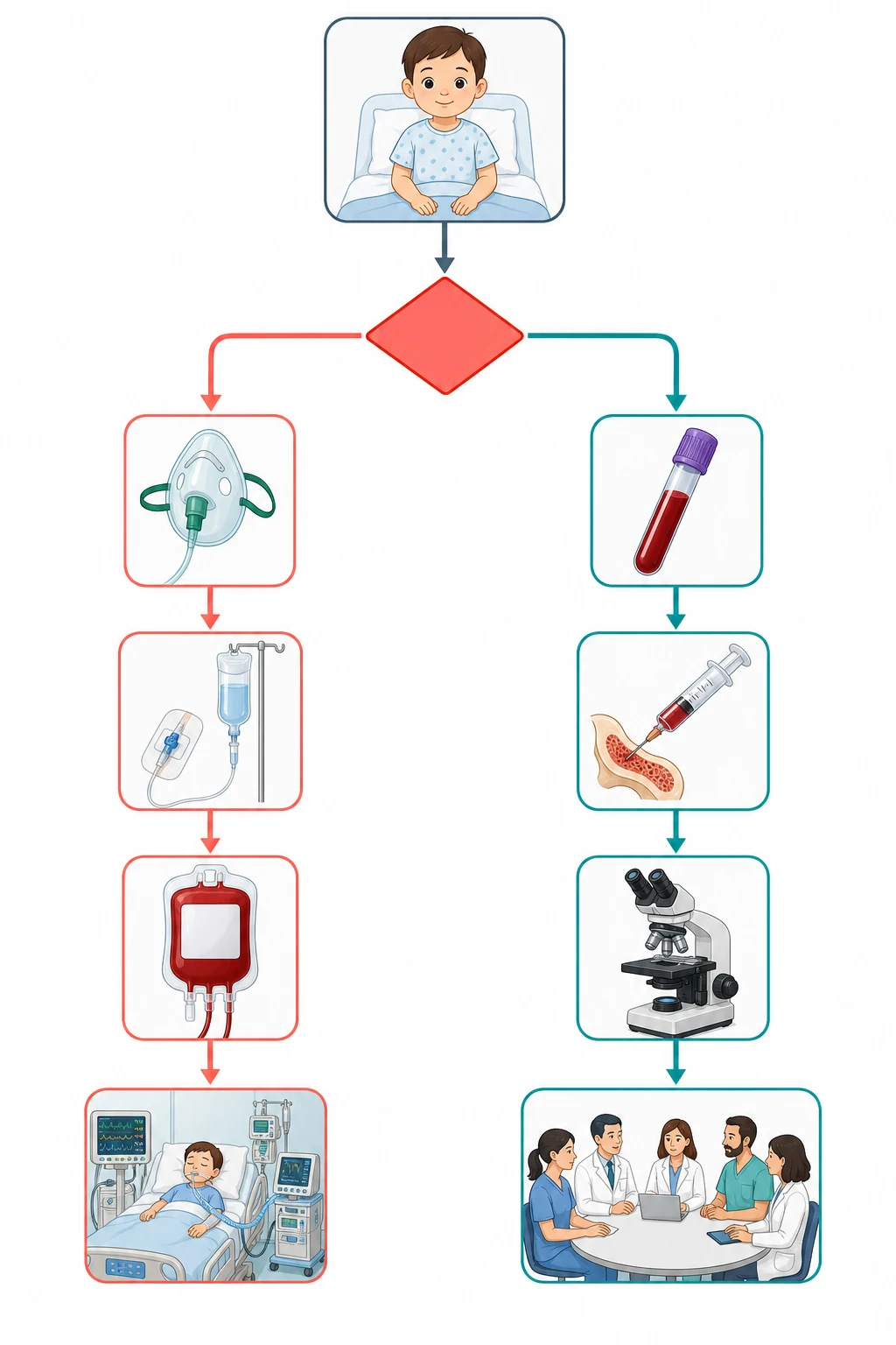 A clean medical-education management flowchart on a white background. At the top a rounded box shows a paediatric patient icon with a down arrow to a red diamond decision node. A left coral branch for the unstable child leads through icons of an oxygen mask, an intravenous fluid bag, and a red blood cell bag, ending in a paediatric intensive care icon. A right teal branch for the stable child leads through icons of a blood tube, a bone marrow aspirate syringe, and a microscope, ending in a multidisciplinary team icon. Connecting arrows are coral and teal. No text appears in the figure.