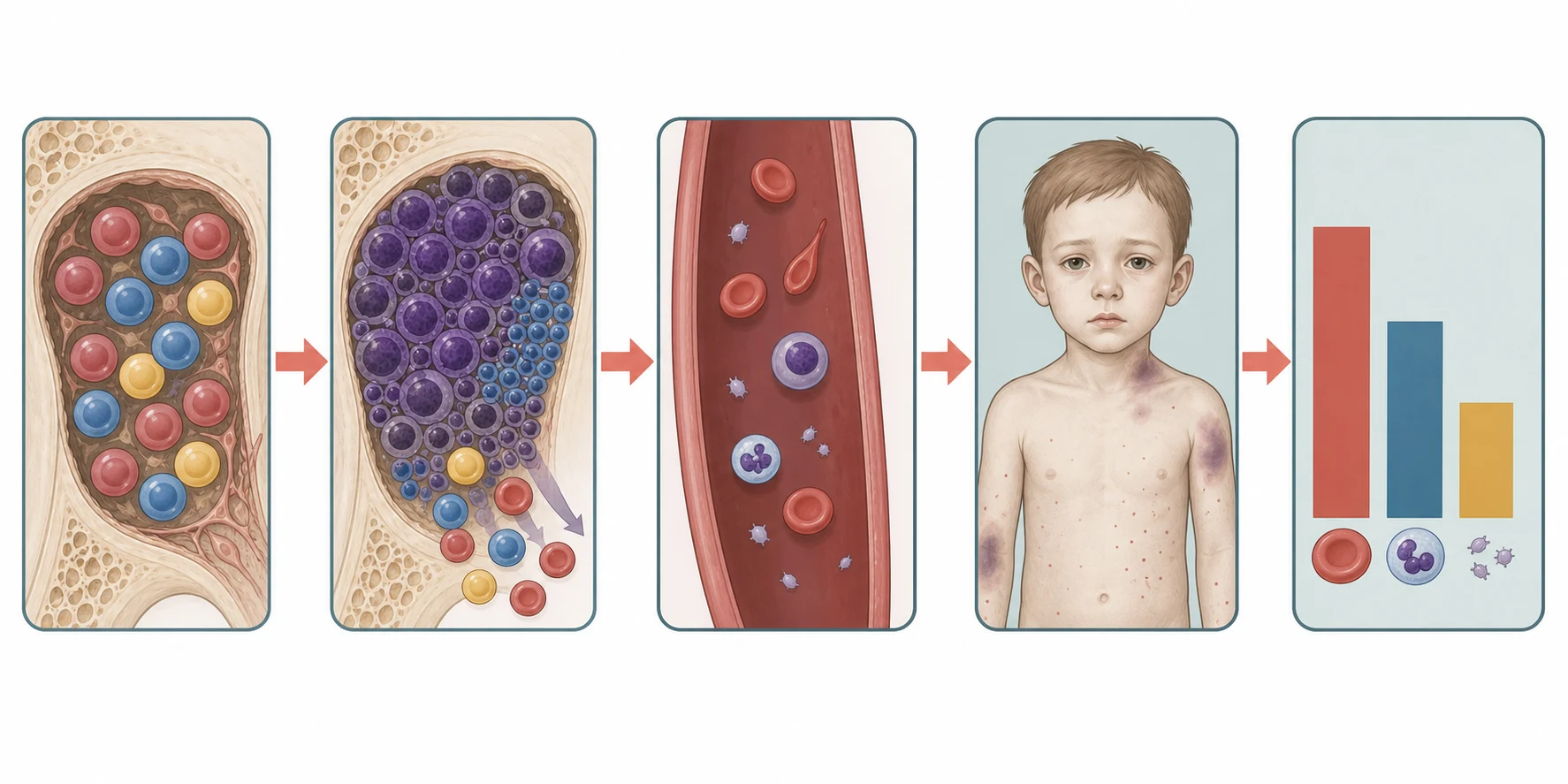 A clean scientific schematic on a white background flowing left to right in five connected boxes joined by coral arrows. The first box shows a normal bone marrow cavity with healthy haematopoietic cells in three colours. The second shows the marrow cavity invaded and crowded by dark purple blast cells and small round blue tumour cells squeezing the healthy cells out. The third shows the blood stream with fewer cells, a teardrop-shaped red cell and a nucleated red cell. The fourth shows a pale child externally with bruising and petechiae. The fifth shows three descending bars representing the three low cell lineages. No text appears in the figure.