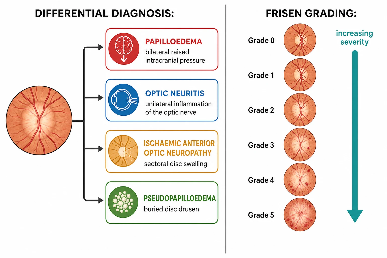 A clean schematic on a white background in landscape showing two classification panels. The left panel is a horizontal branching tree branching from a central swollen-optic-disc symbol into four colour-coded leaves: the bilateral raised-pressure papilloedema in red with a brain-and-arrow icon, the unilateral inflammatory optic neuritis in blue with a swollen segment of optic nerve, the ischaemic anterior optic neuropathy in amber with a segmental swollen disc, and the harmless pseudopapilloedema of buried drusen in green with a speckled disc. The right panel shows the Frisén grading as six horizontal eye-fundus cross-sections stacked vertically labelled grade zero through grade five, each showing an increasing amount of disc elevation, vessel obscuration and peripapillary haemorrhage as the grade rises, with a horizontal teal arrow labelled increasing severity running beneath. Clean medical flat illustration, crisp labels, no photographic faces, no text spelling errors, generous whitespace, professional.