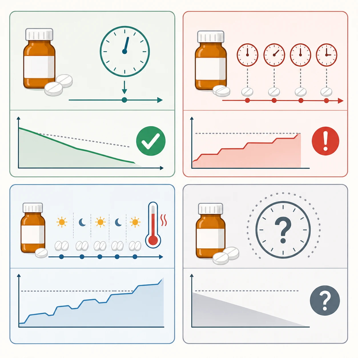 Reviewed educational schematic classifying paracetamol poisoning by ingestion pattern into a single acute ingestion with a known time that can be plotted on the Rumack-Matthew nomogram, a staggered ingestion over several hours that cannot be plotted, a repeated supratherapeutic dosing history that causes cumulative toxicity, and an unknown-time ingestion, each mapped to its decision rule for N-acetylcysteine
