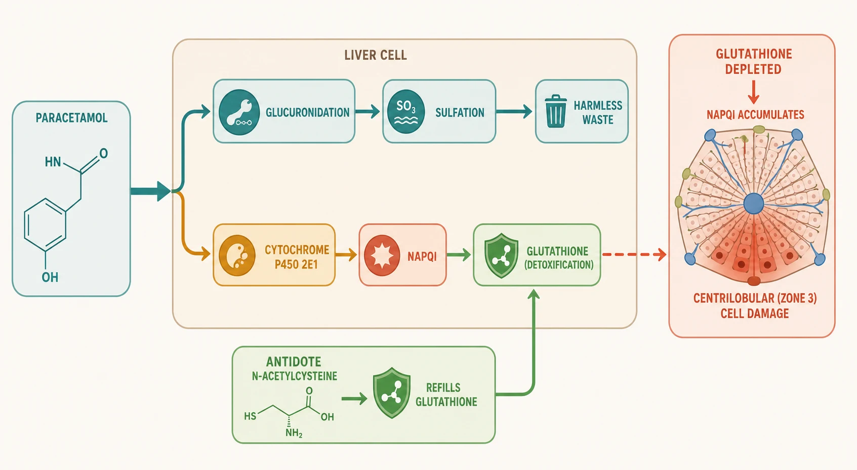 Reviewed educational schematic of the paracetamol metabolic pathway: therapeutic doses are safely conjugated by glucuronidation and sulfation, a small fraction forms NAPQI via cytochrome P450 2E1 and is detoxified by glutathione, while overdose saturates conjugation, depletes glutathione, and allows NAPQI to bind hepatocyte proteins in the centrilobular zone causing necrosis, with N-acetylcysteine restoring glutathione as the antidote