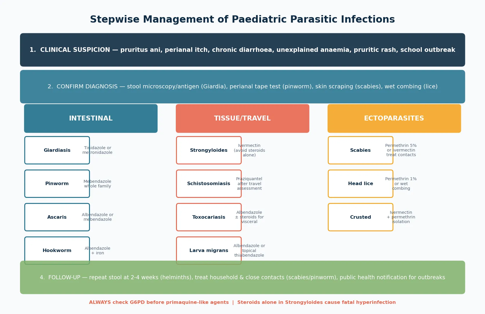 Stepwise management pathway for paediatric parasitic infections from clinical suspicion through diagnosis to the targeted treatment of intestinal parasites with mebendazole, albendazole, and tinidazole; tissue parasites with ivermectin, albendazole, and praziquantel; and ectoparasites with permethrin and ivermectin, with the principles of household treatment and follow-up.