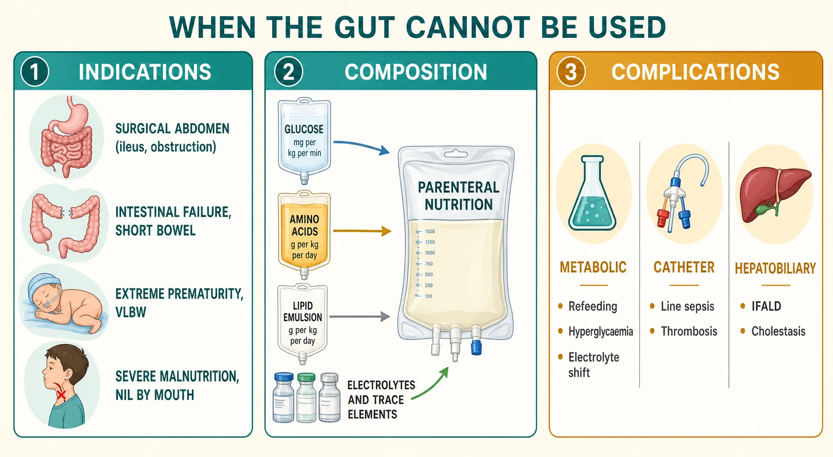 Three-panel medical infographic classifying parenteral nutrition. Panel one titled Indications shows pictograms for the surgical abdomen, intestinal failure, prematurity and severe malnutrition under the header When the gut cannot be used. Panel two titled Composition shows a parenteral nutrition bag decomposed by arrows into a glucose stream in mg per kg per min, an amino acid stream in g per kg per day, a lipid emulsion stream in g per kg per day, and an electrolytes and trace elements vial cluster. Panel three titled Complications shows three columns headed Metabolic, Catheter and Hepatobiliary with refeeding, line sepsis and intestinal failure-associated liver disease respectively.