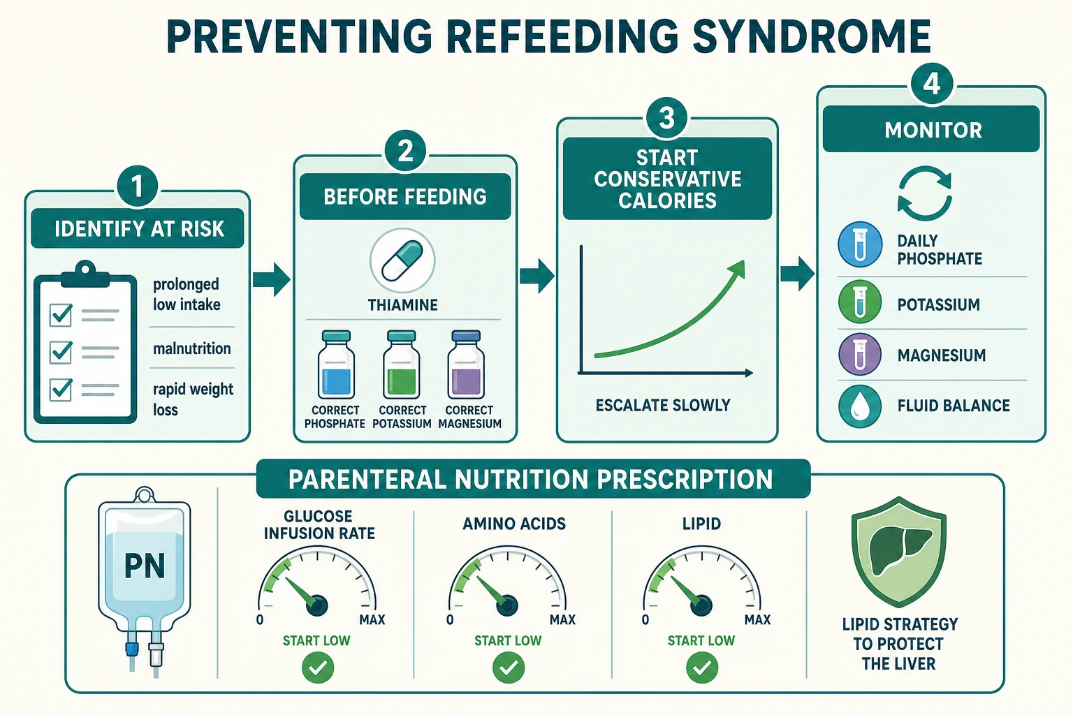 A staged management flowchart on a cream background. A left to right ladder for Preventing refeeding syndrome has four ascending boxes connected by arrows: Identify at risk with a checklist reading prolonged low intake, malnutrition, rapid weight loss; Before feeding with a pill labelled Thiamine and three vials labelled Correct phosphate, potassium, magnesium; Start conservative calories with a slow rising graph arrow labelled Escalate slowly; Monitor with a repeat icon reading Daily phosphate, potassium, magnesium and fluid balance. A lower panel titled Parenteral nutrition prescription shows a bag with three dials labelled Glucose infusion rate, Amino acids and Lipid each set at a safe starting level, and a shield icon labelled Lipid strategy to protect the liver.
