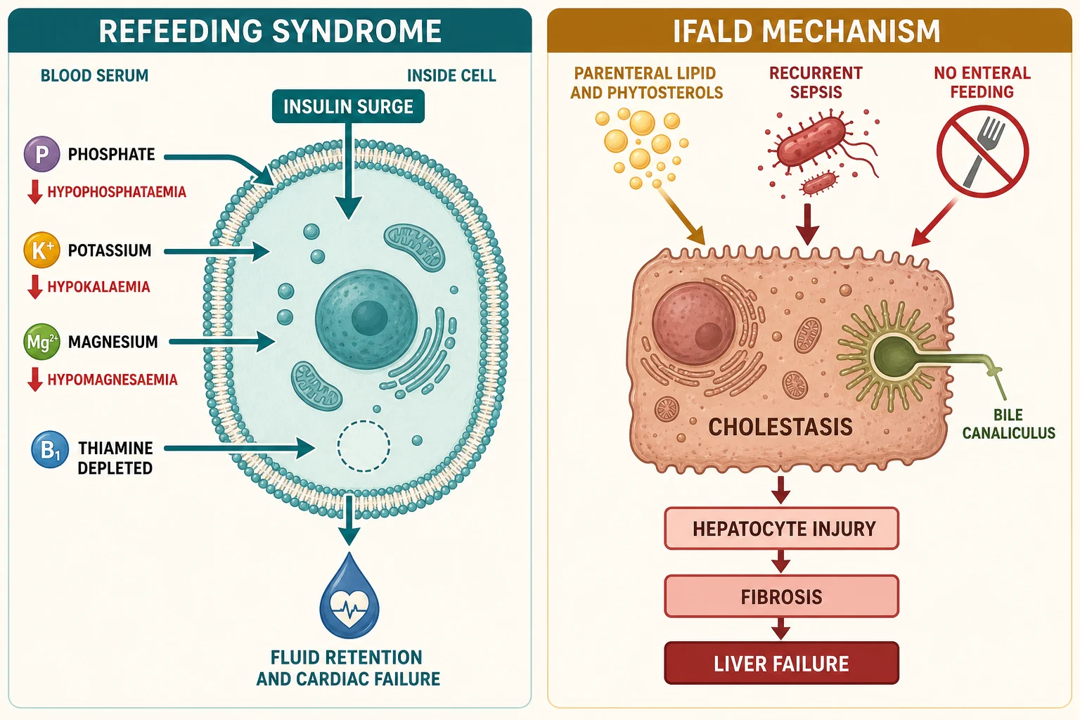 Two-part mechanism diagram on a cream background. The left half titled Refeeding syndrome shows a cell membrane with an arrow labelled Insulin surge pointing inward, and three arrows labelled Phosphate, Potassium and Magnesium crossing from the serum into the cell each with a red downward trend labelled Hypophosphataemia, Hypokalaemia and Hypomagnesaemia, a separate arrow labelled Thiamine depleted, and a fluid-drop icon labelled Fluid retention and cardiac failure. The right half titled IFALD mechanism shows a hepatocyte with a bile canaliculus receiving arrows labelled Parenteral lipid and phytosterols, Recurrent sepsis and No enteral feeding, the label Cholestasis inside the cell, and a downward progression through Hepatocyte injury then Fibrosis then Liver failure.