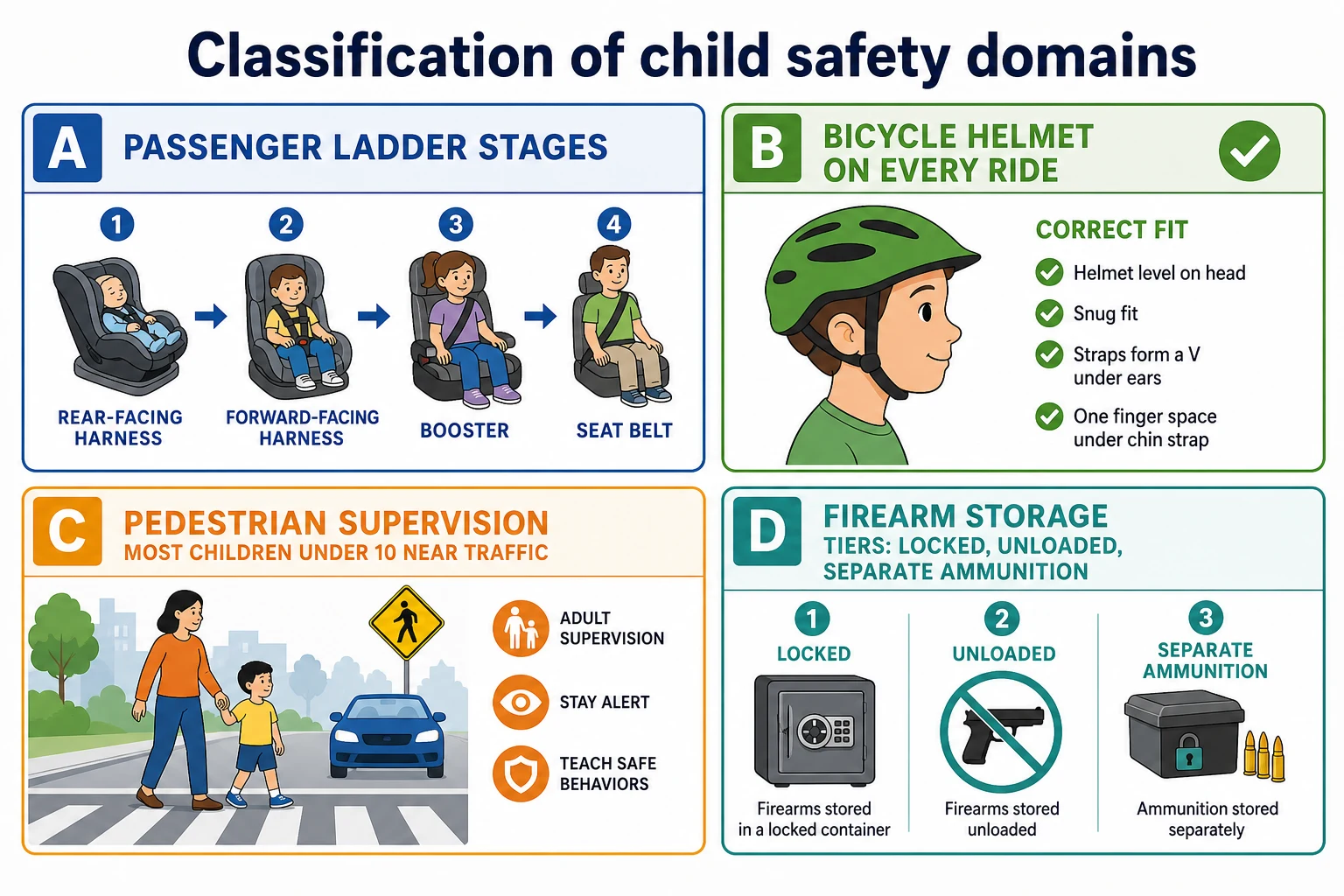 Four-panel educational schematic classifying passenger restraint stages, bicycle helmet use, pedestrian supervision and firearm storage tiers