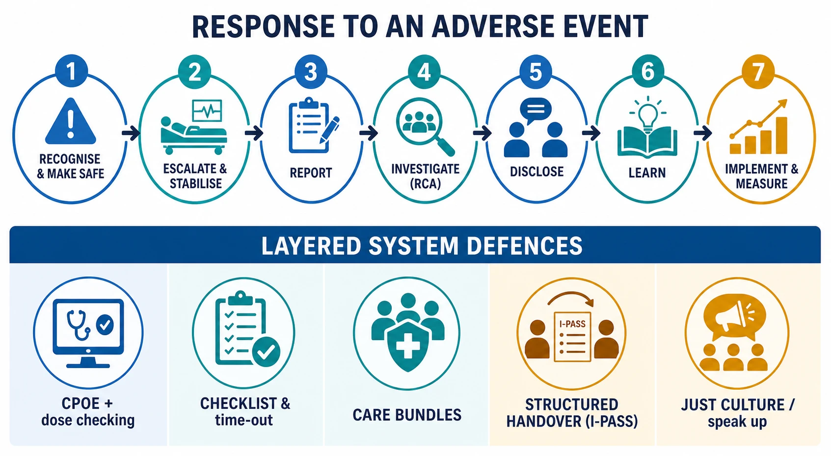 Stepwise response to an adverse event and the layered system defences including CPOE, checklists, care bundles, I-PASS handover and just culture