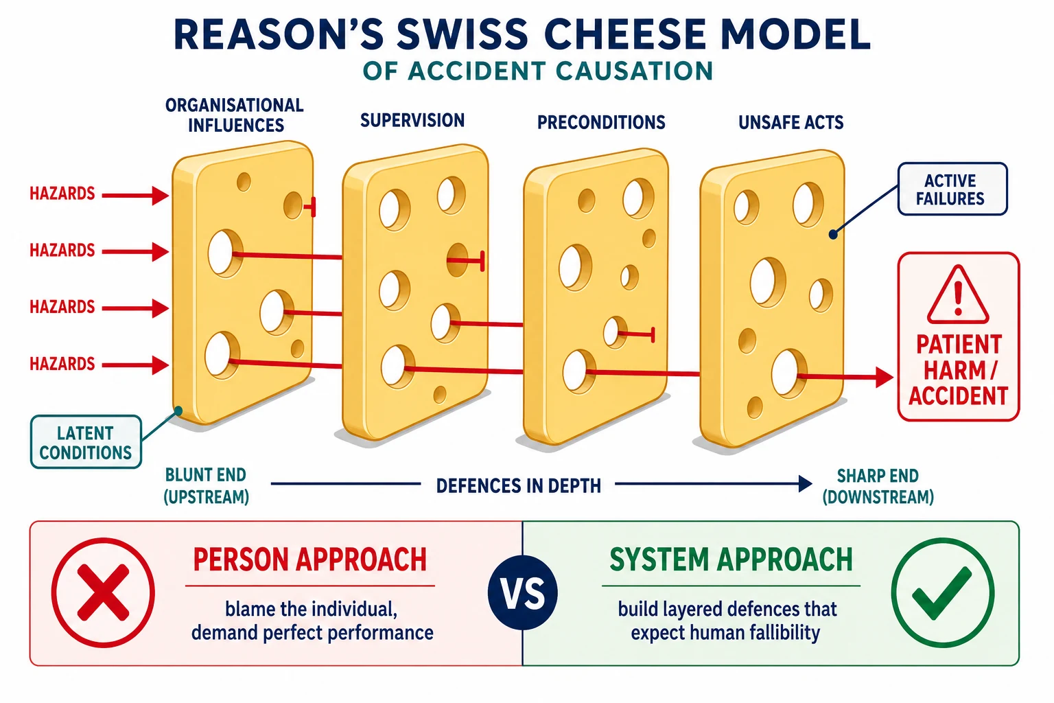 Reason's Swiss cheese model showing aligned holes in defensive layers leading to patient harm, contrasted with person and system approaches