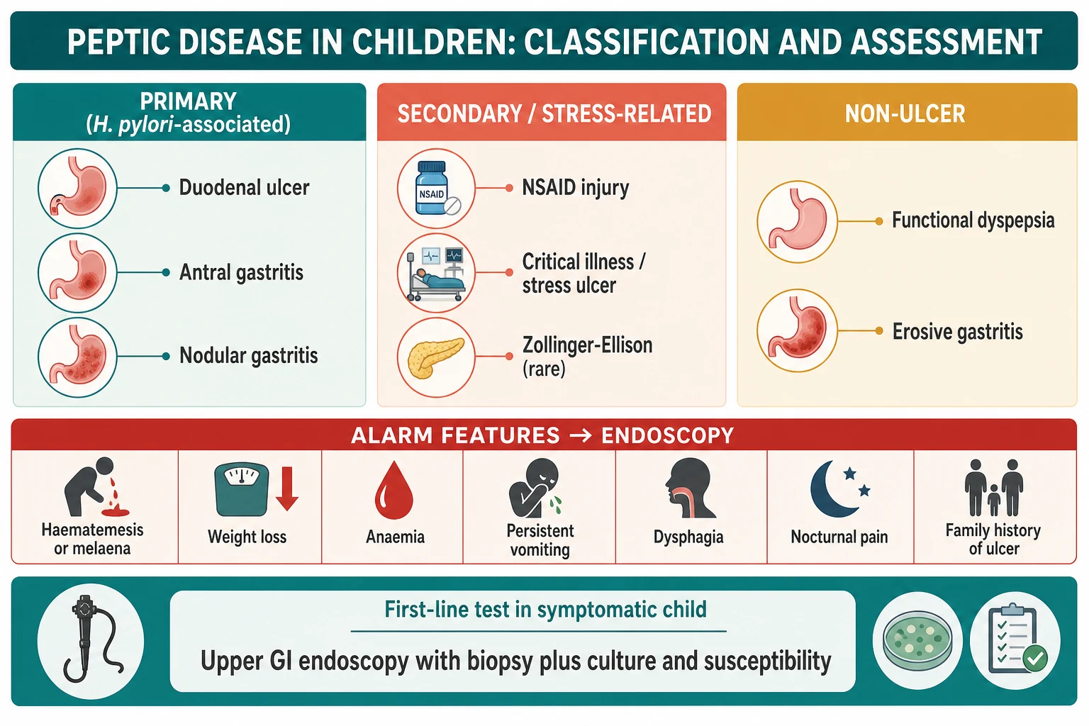 Three columns classifying paediatric peptic disease into primary H. pylori-associated, secondary or stress-related, and non-ulcer, with an alarm-features banner directing to endoscopy