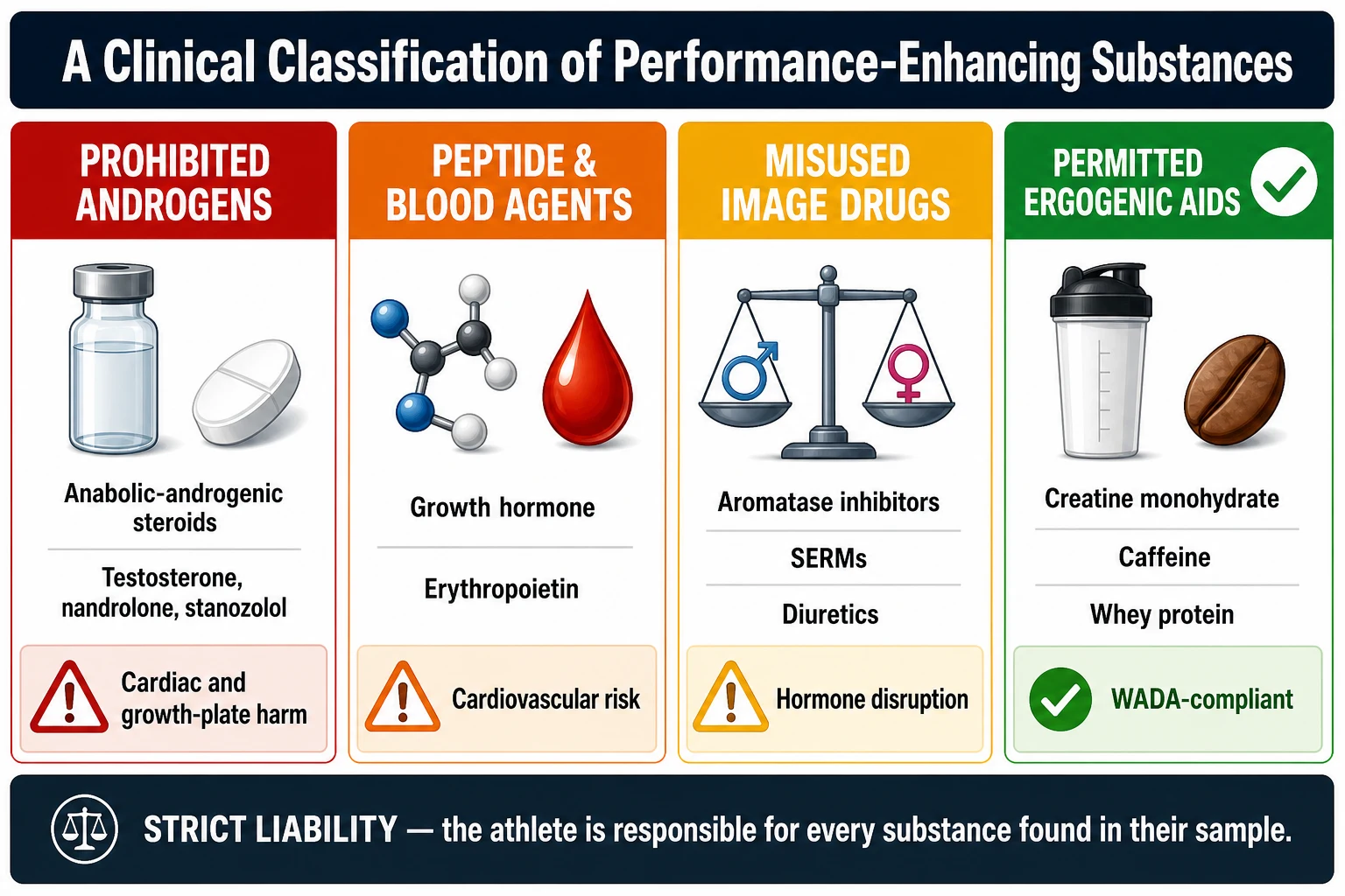 Four-column infographic titled A Clinical Classification of Performance Enhancing Substances in Young Athletes. Column one red labelled Prohibited Androgens shows an injectable vial and pill icons for anabolic-androgenic steroids testosterone nandrolone stanozolol and a heart and stunted-growth warning symbol. Column two orange labelled Peptide and Blood Agents shows growth hormone erythropoietin and a blood-drop icon with a cardiovascular warning. Column three amber labelled Misused Image Drugs shows aromatase inhibitors selective oestrogen receptor modulators and diuretics with a hormone-balance warning. Column four green labelled Permitted Ergogenic Aids shows creatine monohydrate caffeine and whey protein with a tick and a WADA compliant badge. A footer banner reads strict liability the athlete is responsible for every substance found in their sample.