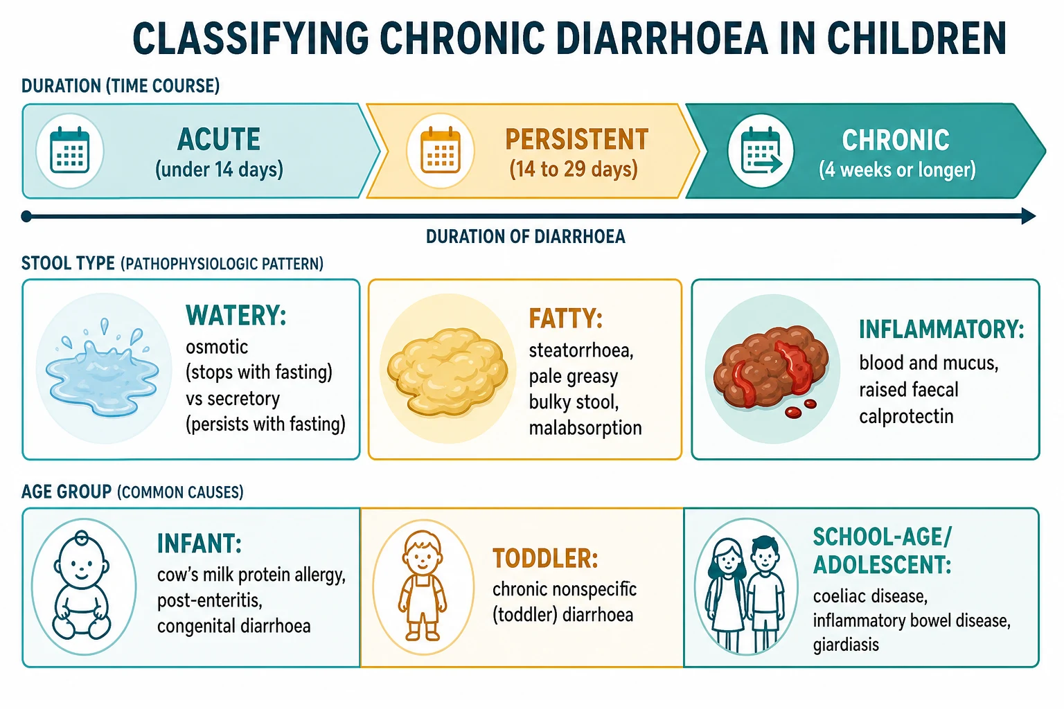Classification of chronic diarrhoea in children on three lines: the duration timeline (acute under 14 days, persistent 14 to 29 days, chronic 4 weeks or longer); the stool type (watery osmotic versus secretory, fatty malabsorptive, and inflammatory bloody); and the age band with its typical causes from infancy through adolescence