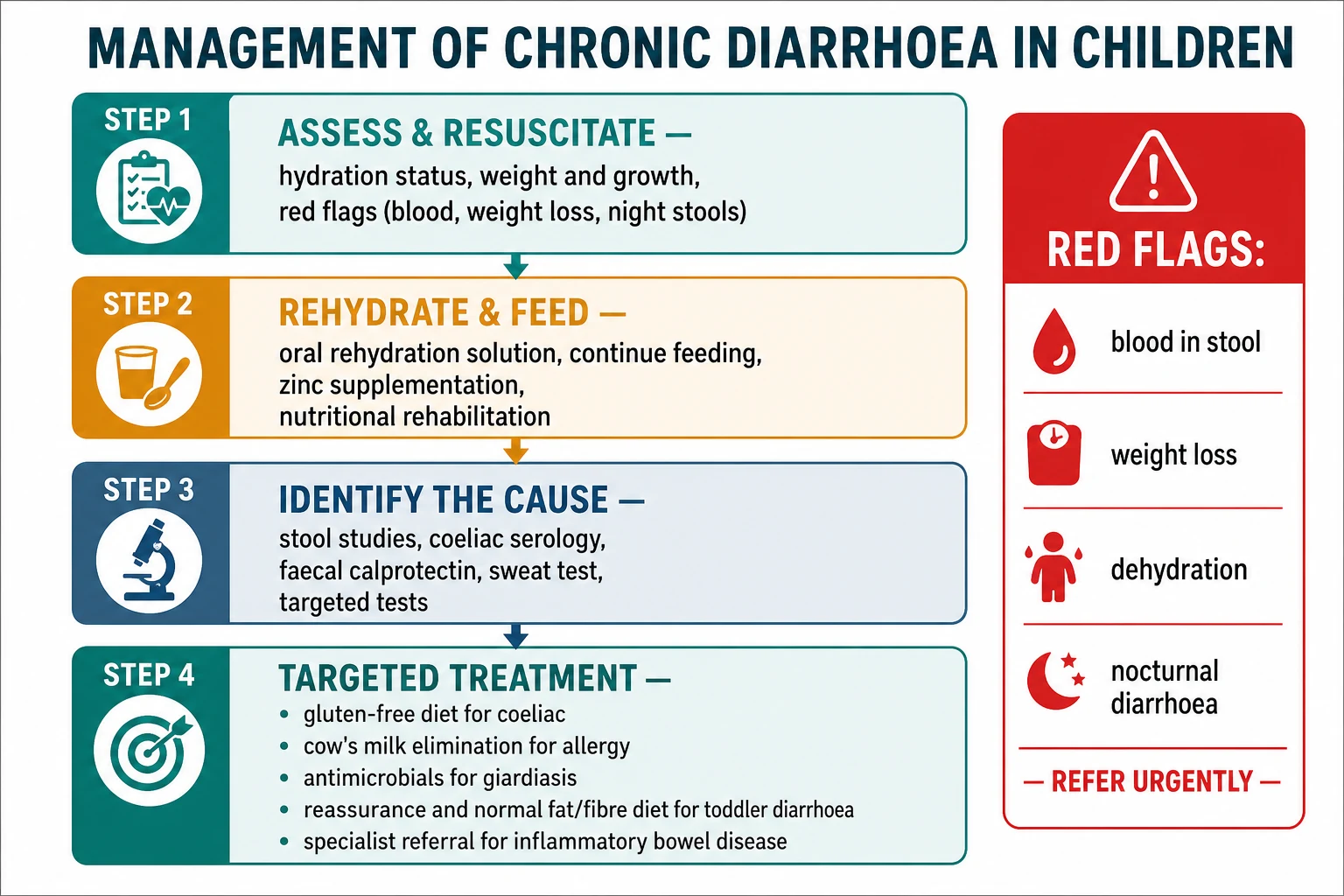 Stepwise management of chronic diarrhoea in children in four steps: assess and resuscitate (hydration, growth, red flags); rehydrate and feed (oral rehydration solution, continue feeding, zinc, nutritional rehabilitation); identify the cause (stool studies, coeliac serology, faecal calprotectin, sweat test); and targeted treatment (gluten-free diet for coeliac, cow's milk elimination for allergy, antimicrobials for giardiasis, reassurance and a normal fat and fibre diet for toddler's diarrhoea, and specialist referral for inflammatory bowel disease), with a red-flag banner listing blood, weight loss, dehydration and nocturnal diarrhoea