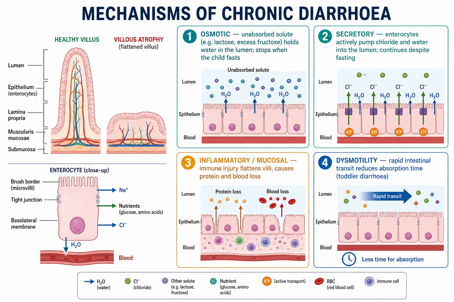Pathophysiology of chronic diarrhoea showing a healthy villus beside a flattened atrophic villus, an enterocyte with its brush border and ion transporters, and the four mechanisms: osmotic (unabsorbed solute holds water and stops with fasting), secretory (active chloride and water secretion that persists with fasting), inflammatory or mucosal (immune injury flattens villi with protein and blood loss), and dysmotility (rapid transit reduces absorption time)