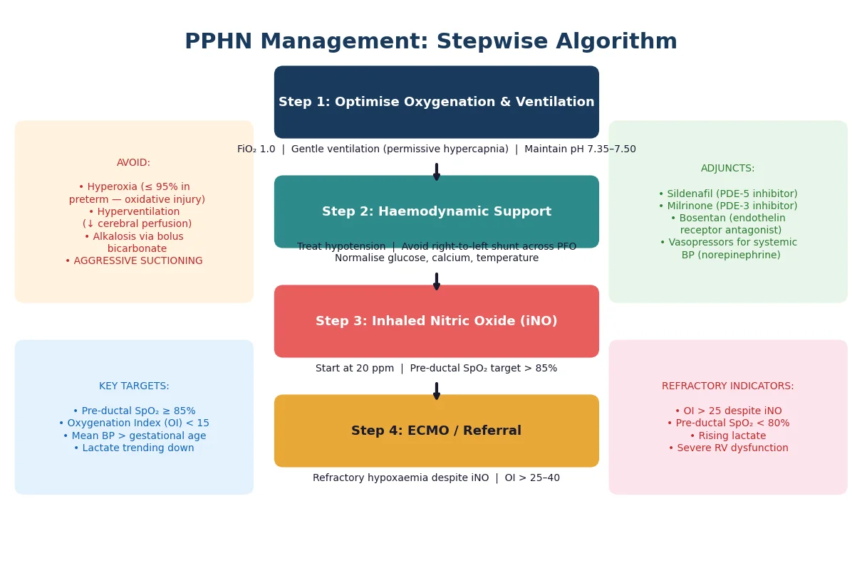 Stepwise management algorithm from lung optimisation through inhaled nitric oxide to ECMO, with targets and adjunctive therapies