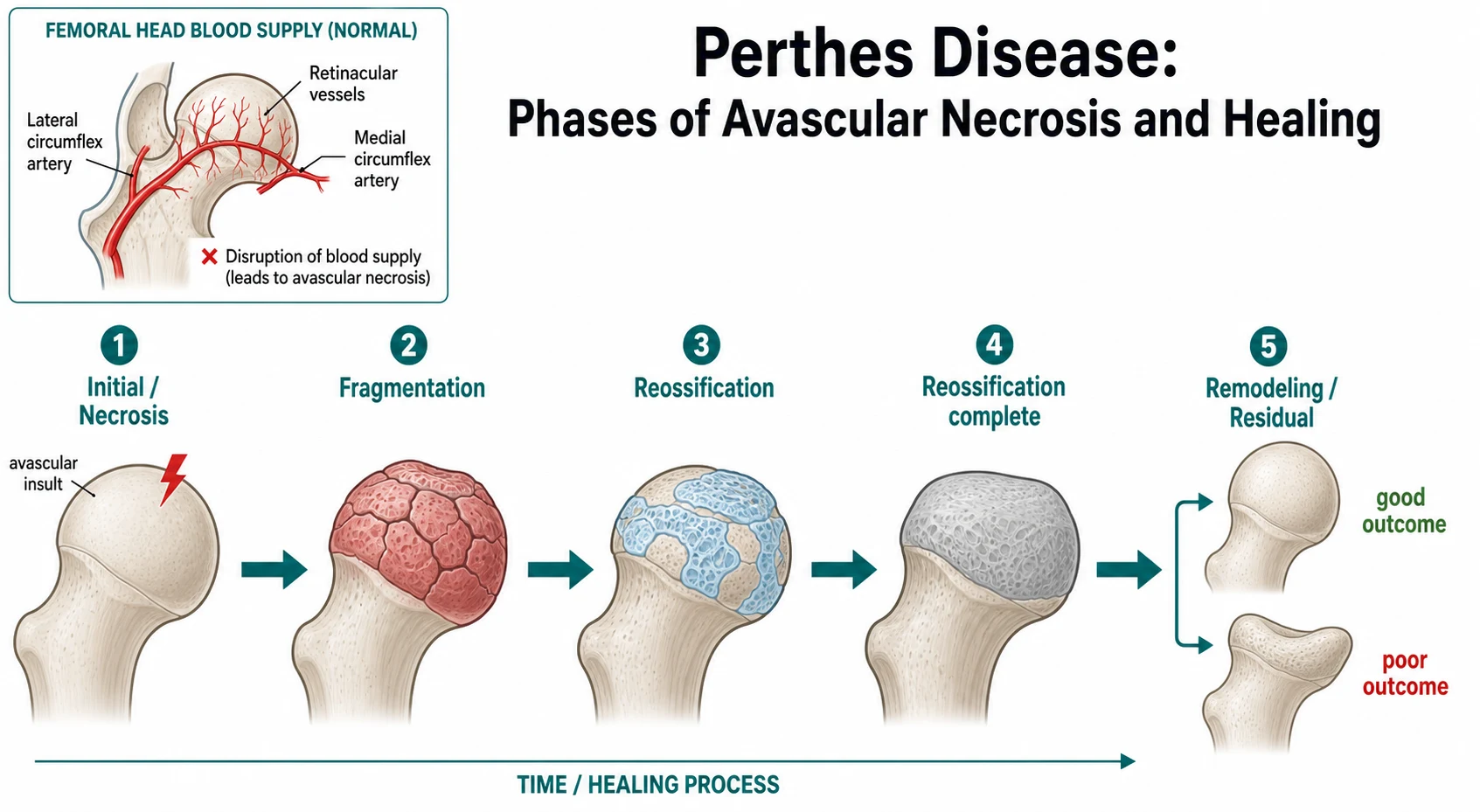 Horizontal timeline infographic titled Perthes Disease Phases of Avascular Necrosis and Healing. Five stylised femoral heads connected by teal arrows. Phase 1 Initial Necrosis shows a round head with a red lightning bolt labelled avascular insult. Phase 2 Fragmentation shows a cracked fragmented red head. Phase 3 Reossification shows new light-blue bone reforming. Phase 4 Reossification complete shows a solid slightly flattened grey head. Phase 5 Remodeling shows two outcomes, a round head labelled good outcome and a flattened saddle head labelled poor outcome. Top-left inset shows the femoral head blood supply with medial and lateral circumflex arteries and a red cross over the disrupted supply.