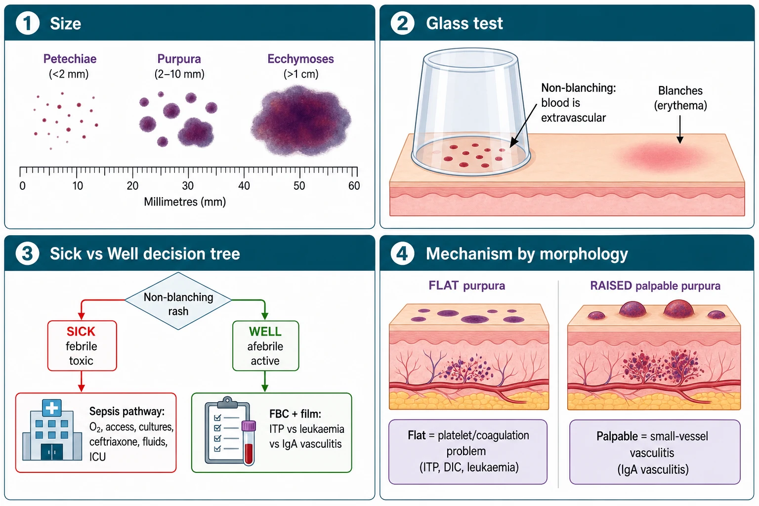 Four-panel schematic of non-blanching rash classification in children. Panel one sizes the lesions on a ruler: petechiae under two millimetres, purpura from two to ten millimetres, ecchymoses larger. Panel two shows the glass or tumbler test with a clear glass pressed over petechiae, the lesions remaining visible through the glass to indicate non-blanching extravascular blood. Panel three is the sick-versus-well triage decision tree: the febrile toxic child branches to the sepsis and purpura fulminans emergency pathway of oxygen, fluids and a ceftriaxone antibiotic, while the well afebrile child branches to full blood count, film and the ITP and IgA vasculitis workup. Panel four contrasts a flat purpura from thrombocytopenia against a raised palpable purpura from small-vessel vasculitis on a cross-section of skin.