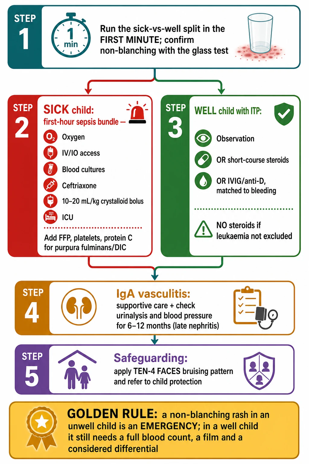 Stepwise management pathway for the non-blanching rash in children. Step one at the bedside run the sick-versus-well split in the first minute and confirm the rash is non-blanching with the glass test. Step two for the sick febrile child follow the sepsis pathway within the first hour with oxygen, intravenous or intraosseous access, blood cultures, a ceftriaxone antibiotic, a 10 to 20 mL per kilogram crystalloid bolus and intensive care, escalating to purpura fulminans and disseminated intravascular coagulation care with fresh-frozen plasma, platelets and protein C concentrate in inherited cases. Step three for the well child with ITP choose observation, short-course steroids or intravenous immunoglobulin based on bleeding risk, give a platelet transfusion only for life-threatening bleeding, and avoid steroids before a secure diagnosis if leukaemia is possible. Step four for IgA vasculitis give supportive care with analgesia, hydration and blood-pressure control, monitor the urinalysis and blood pressure for six to twelve months, and reserve steroids for severe gut or renal disease. Step five for safeguarding apply the TEN-4 FACES bruising pattern and escalate to a child-protection referral. The bottom bar repeats the golden rule that a non-blanching rash in an unwell child is an emergency and in a well child still needs a full blood count, a film and a considered differential.