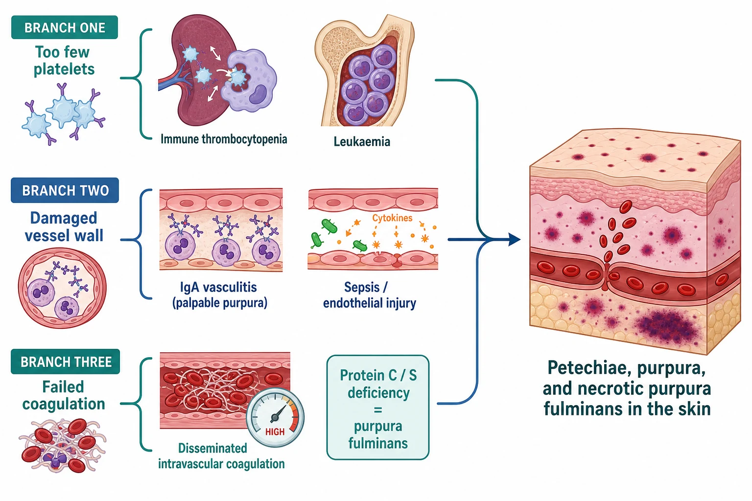 Left-to-right pathophysiology cascade for non-blanching rashes in children with three mechanism branches feeding a common endpoint of skin haemorrhage. Branch one platelet reduction: IgG-coated platelets destroyed by splenic macrophages in immune thrombocytopenia, and marrow infiltration by leukaemic blasts. Branch two vessel-wall damage: IgA immune-complex deposition in small-vessel walls driving neutrophil infiltration and palpable purpura in IgA vasculitis, and direct endothelial injury by meningococci and cytokine storm in sepsis. Branch three coagulation failure: disseminated intravascular coagulation with microthrombi consuming platelets and factors alongside purpura fulminans from protein C and protein S deficiency. All three converge on extravasation of red cells into skin as petechiae, purpura and necrotic purpura fulminans.