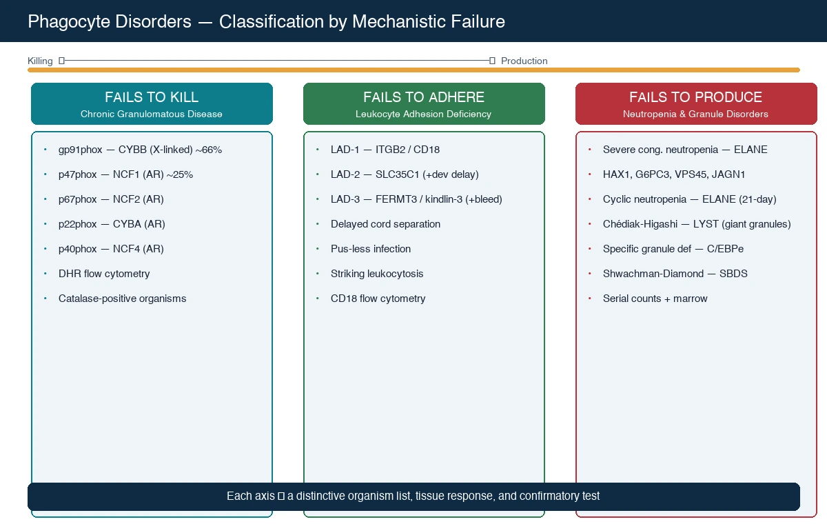 Two-panel classification schematic: the left panel maps the three mechanistic axes of phagocyte failure — killing (CGD, with the five subunits gp91phox CYBB X-linked, p47phox NCF1, p67phox NCF2, p22phox CYBA, p40phox NCF4), adhesion/migration (LAD-1 ITGB2/CD18, LAD-2 SLC35C1, LAD-3 FERMT3/kindlin-3), and production/granule packaging (severe congenital neutropenia ELANE/HAX1/G6PC3, cyclic neutropenia ELANE, Chédiak-Higashi LYST, specific granule deficiency C/EBPe, Shwachman-Diamond SBDS) — each with its inheritance and confirmatory test; the right panel lists the clinical fingerprint for each axis (CGD: catalase-positive organisms and granulomatous obstruction; LAD: delayed cord separation, pus-less infection, leukocytosis; neutropenia: overwhelming sepsis; Chédiak-Higashi: giant granules, albinism, accelerated phase); a severity spectrum bar runs across the top