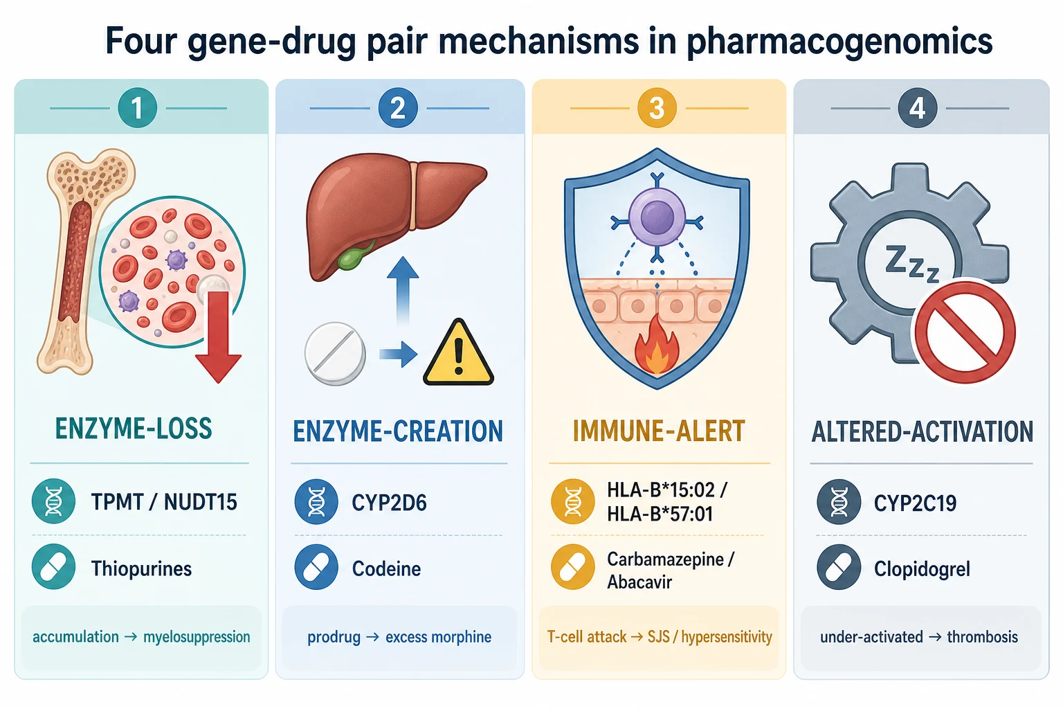 Educational infographic classifying pharmacogenomic gene-drug pairs into four columns — enzyme-loss (TPMT and NUDT15 with thiopurines), enzyme-creation (CYP2D6 with codeine), immune-alert (HLA-B star 15 colon 02 with carbamazepine, HLA-B star 57 colon 01 with abacavir), and altered-activation (CYP2C19 with clopidogrel) — each with a gene icon, the drug, and the prescribing action