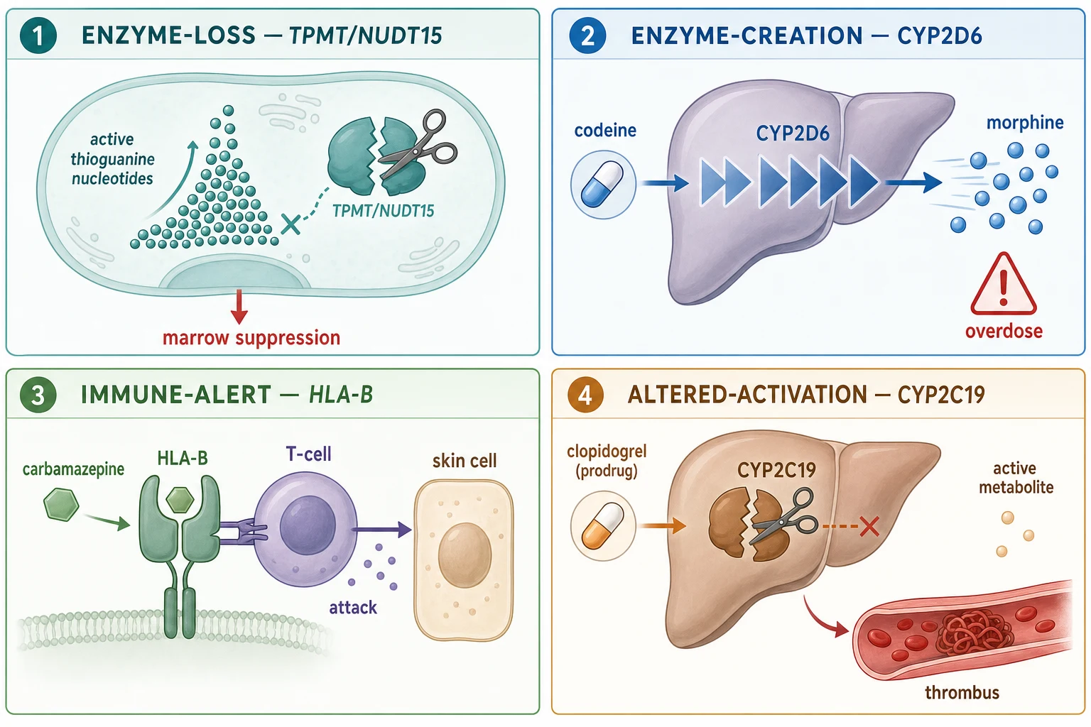 Educational schematic in four panels showing the four pharmacogenomic mechanisms — enzyme-loss (a TPMT-deficient cell accumulating active thioguanine nucleotides that suppress the marrow), enzyme-creation (a CYP2D6 ultrarapid liver converting codeine to excess morphine), immune-alert (an HLA-B molecule presenting carbamazepine to T cells triggering Stevens-Johnson syndrome), and altered-activation (a CYP2C19-poor liver failing to activate clopidogrel)