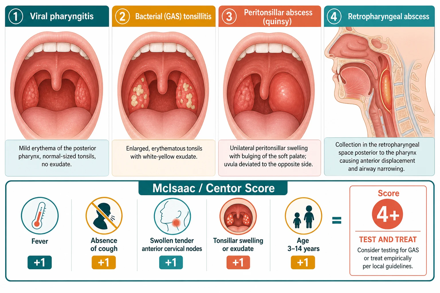 Educational schematic comparing a normal pharynx with viral pharyngitis, GAS tonsillitis with exudate, peritonsillar abscess with uvular deviation, and retropharyngeal abscess with airway compromise, alongside the five McIsaac or Centor clinical criteria