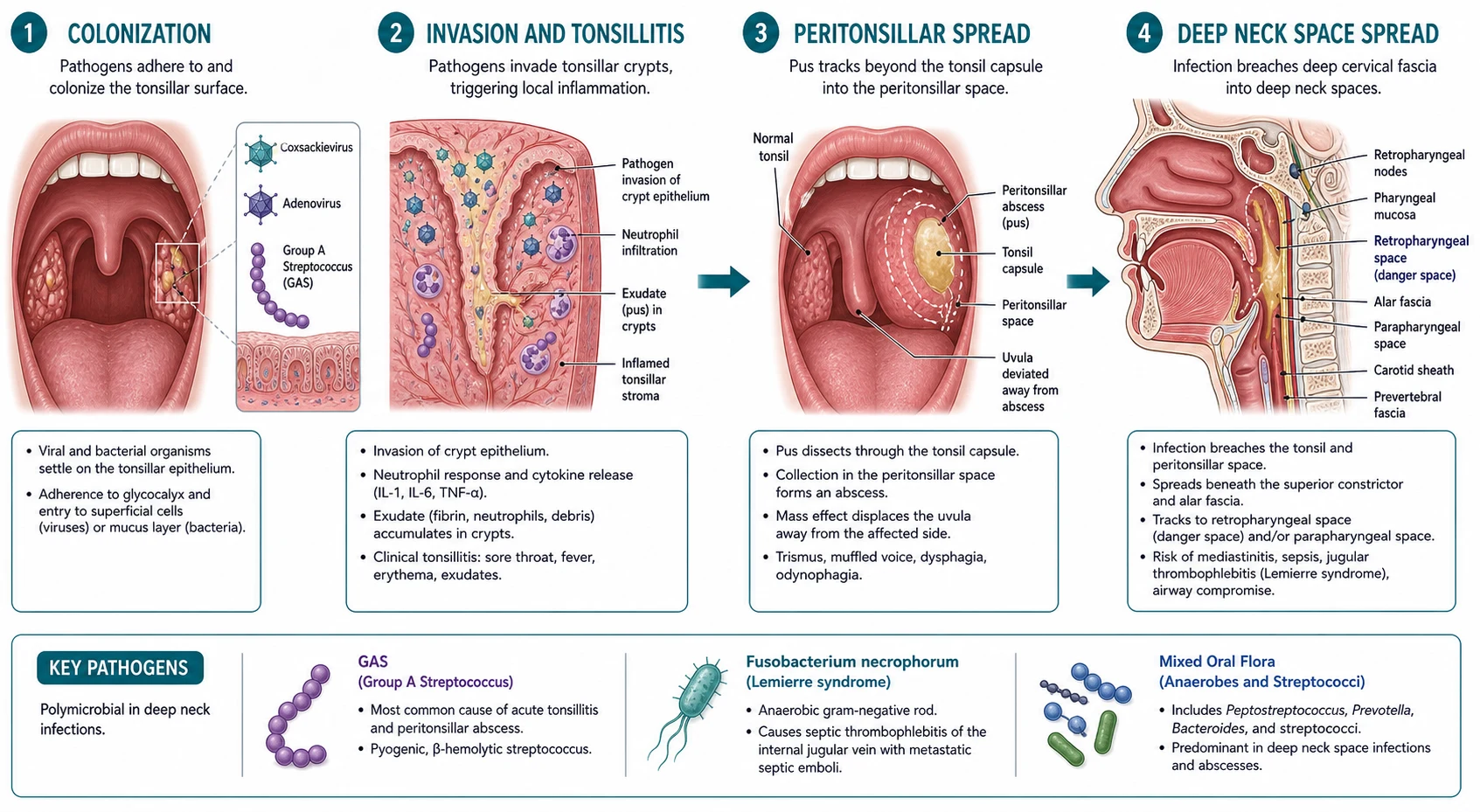 Educational mechanism schematic showing the causal chain from pharyngeal colonisation through tonsillar invasion and exudate formation to peritonsillar abscess and deep neck space spread, with a sagittal neck cross-section highlighting fascial planes