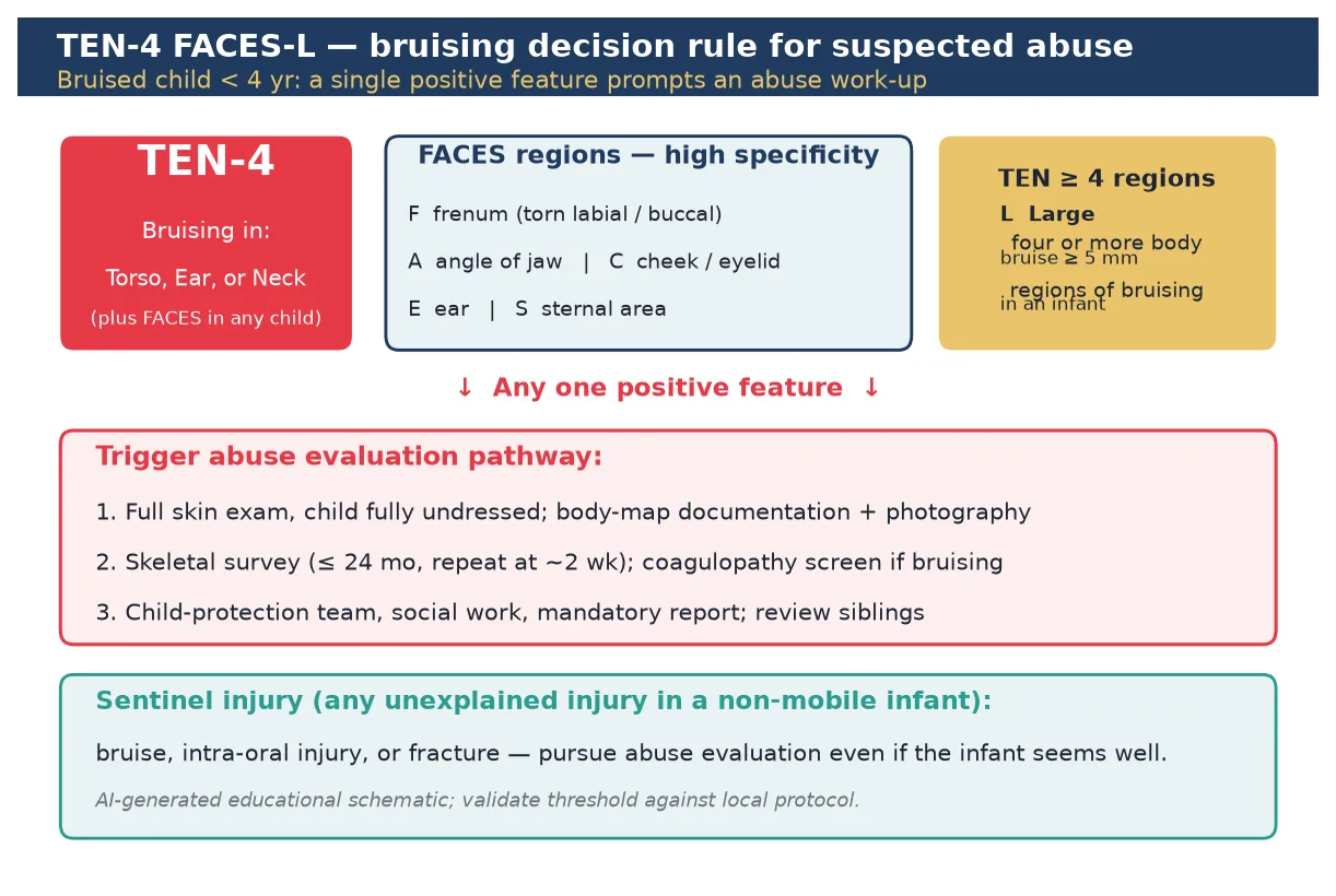 Educational schematic of the TEN-4 FACES-L bruising decision rule with torso/ear/neck and FACES regions, plus the sentinel-injury trigger band
