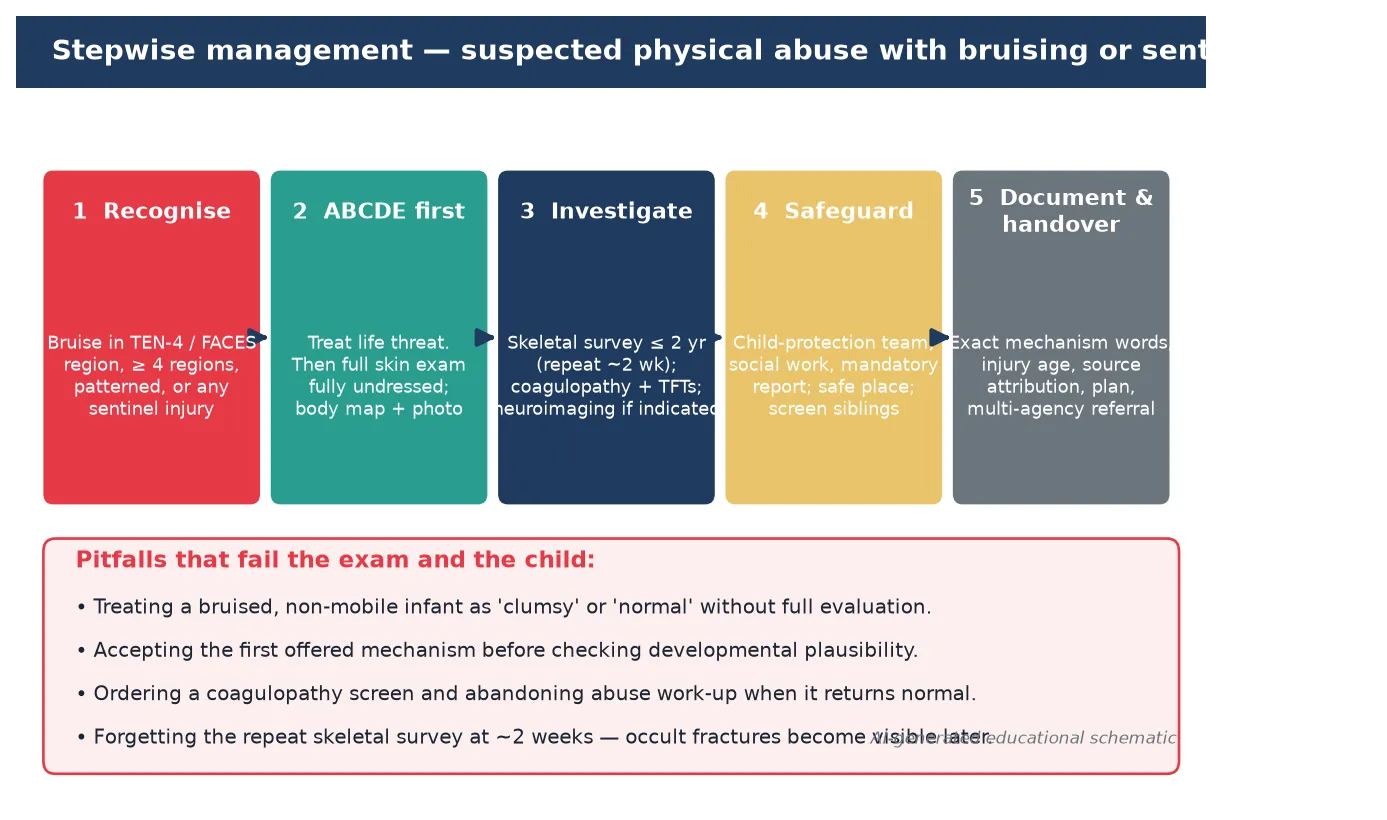 Stepwise management pathway from recognition through documentation and handover, with safeguarding and reporting branches