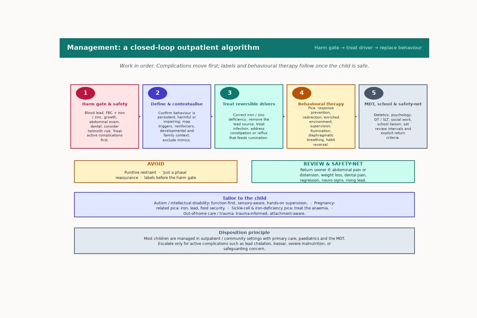 Five-step closed-loop algorithm: harm gate, define and contextualise, treat reversible drivers, behavioural therapy, MDT and safety-net