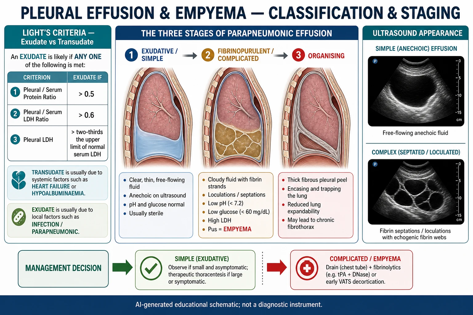 Educational schematic classifying pleural effusion by Light's criteria for exudate versus transudate and by the exudative, fibrinopurulent and organising stages of a parapneumonic effusion, with simple and loculated ultrasound appearances and a treatment decision strip