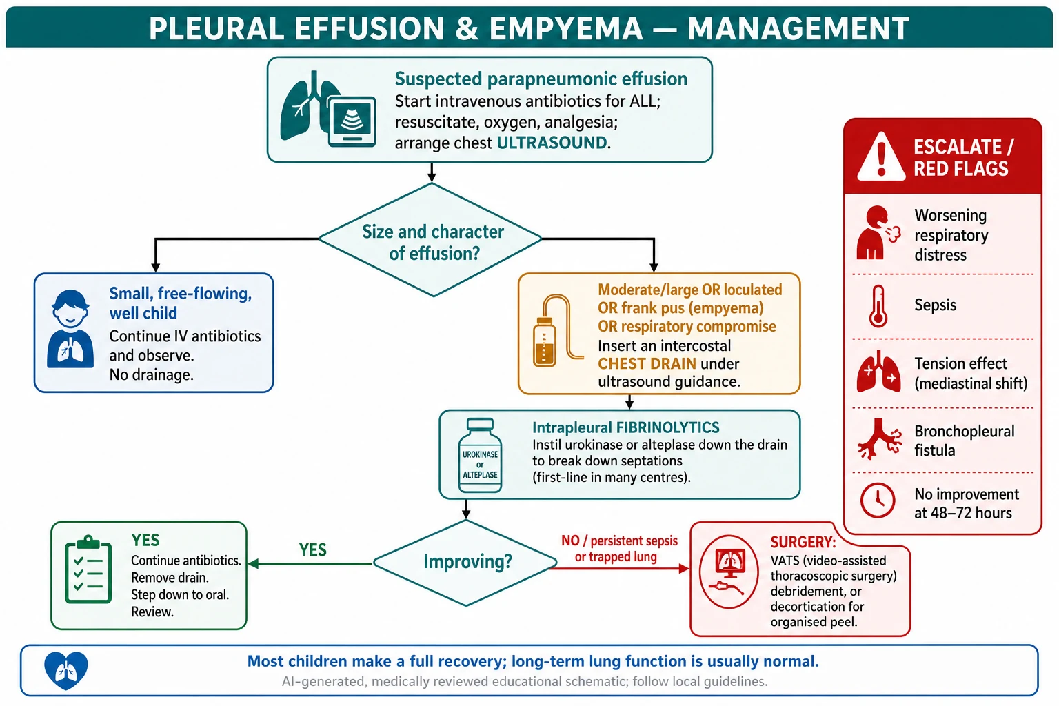 Educational management algorithm for paediatric pleural effusion and empyema from intravenous antibiotics and ultrasound through observation of small effusions, chest drain with intrapleural fibrinolytics for larger or loculated collections, and escalation to VATS or decortication, with a red-flag panel
