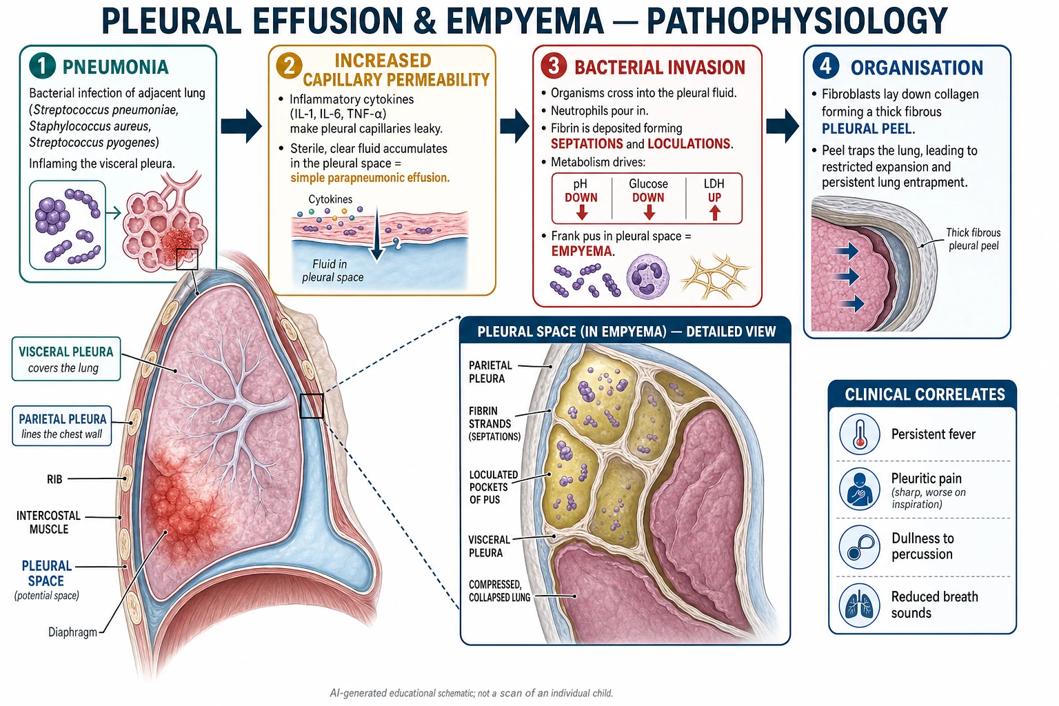 Educational mechanism schematic showing pneumonia leading to increased pleural capillary permeability and a simple effusion, then bacterial invasion with fibrin loculations, falling pH and glucose and rising LDH forming empyema, then an organising fibrous pleural peel trapping the lung