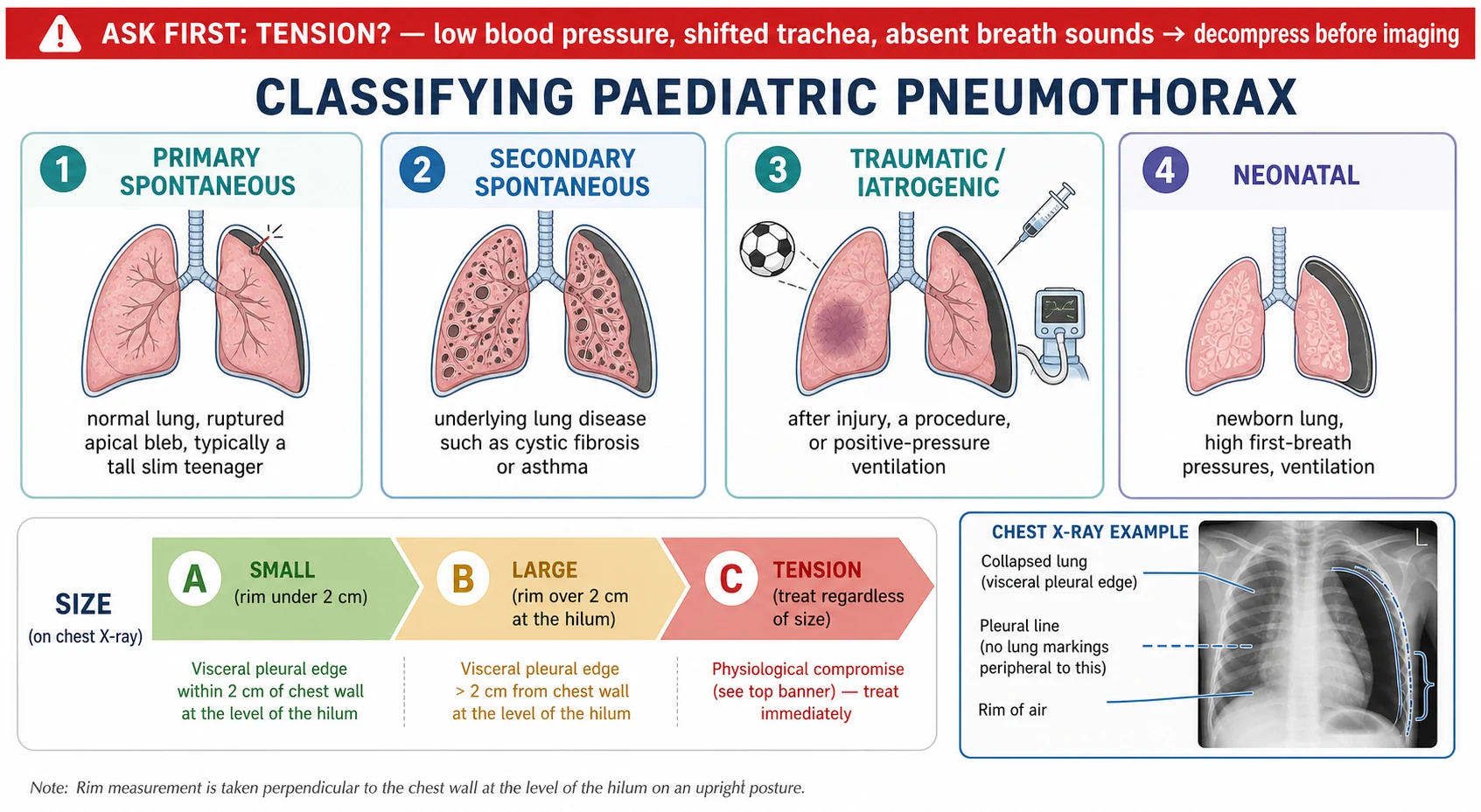 A red tension banner across the top, then four columns for primary spontaneous, secondary spontaneous, traumatic or iatrogenic and neonatal pneumothorax, with a bottom bar sizing small versus large versus tension against a chest X-ray silhouette