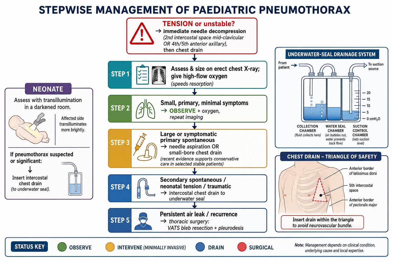 A flowchart beginning with a tension decision box leading to needle decompression, then a ladder of observation and oxygen, needle aspiration or small-bore drain, intercostal chest drain, and surgery for persistent leak, with a neonatal side panel