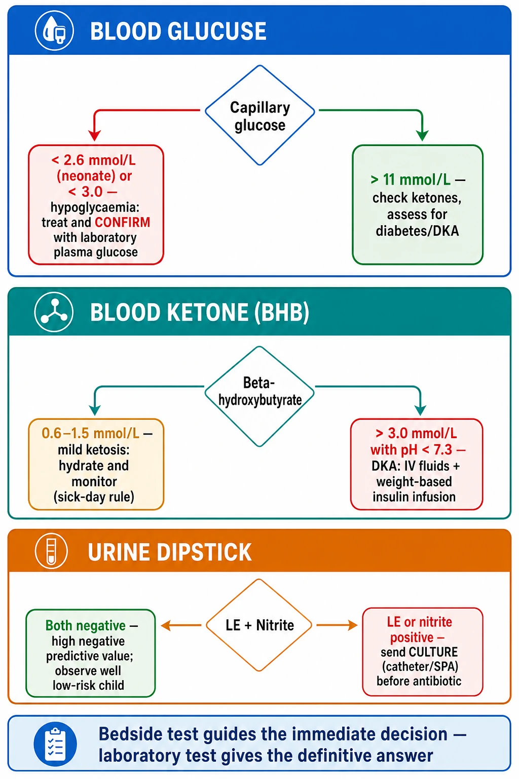 A medical-education interpretation flowchart on a white background with three horizontal swim-lanes. A top blue lane titled Blood Glucose has a decision diamond reading capillary glucose that branches left to a red box reading less than 3.0 millimoles per litre hypoglycaemia treat and confirm with the laboratory and right to a green box reading greater than 11 millimoles per litre check the ketones and consider the diabetes. A middle teal lane titled Blood Ketone BHB has a decision diamond reading beta-hydroxybutyrate that branches left to an amber box reading 0.6 to 1.5 mild ketosis hydrate and monitor and right to a red box reading greater than 3.0 millimoles per litre diabetic ketoacidosis intravenous fluids and insulin per the protocol. A bottom amber lane titled Urine Dipstick has a decision diamond reading nitrite and leukocyte esterase that branches left to a green box reading both negative urinary tract infection unlikely consider the alternative and right to a red box reading leukocyte esterase positive or nitrite positive obtain the sterile culture before the antibiotic. A footer reads point-of-care interpretation pathways.