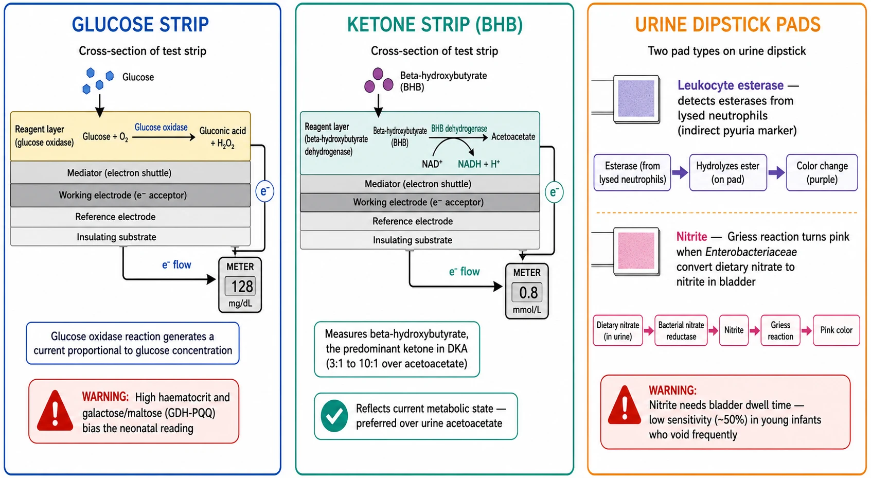 A medical-education mechanism diagram on a white background with three labelled panels. A blue panel titled Glucose Strip shows a cross-section of a test strip with a yellow reagent layer where the glucose oxidase enzyme converts the glucose to the gluconic acid and the released electrons flow along an electrode to the meter with the text glucose oxidase reaction generates a current proportional to the glucose. A teal panel titled Ketone Strip BHB shows a reagent layer where the beta-hydroxybutyrate dehydrogenase enzyme converts the beta-hydroxybutyrate to the acetoacetate with the NAD plus turning to the NADH and the text enzymatic reaction measured amperometrically. An amber panel titled Urine Dipstick Pads shows a horizontal strip with the labelled pads leukocyte esterase nitrite glucose and blood with arrows to the magnified reaction boxes where the esterase cleaves a substrate from beige to purple and the Griess reaction turns the nitrite pad pink.