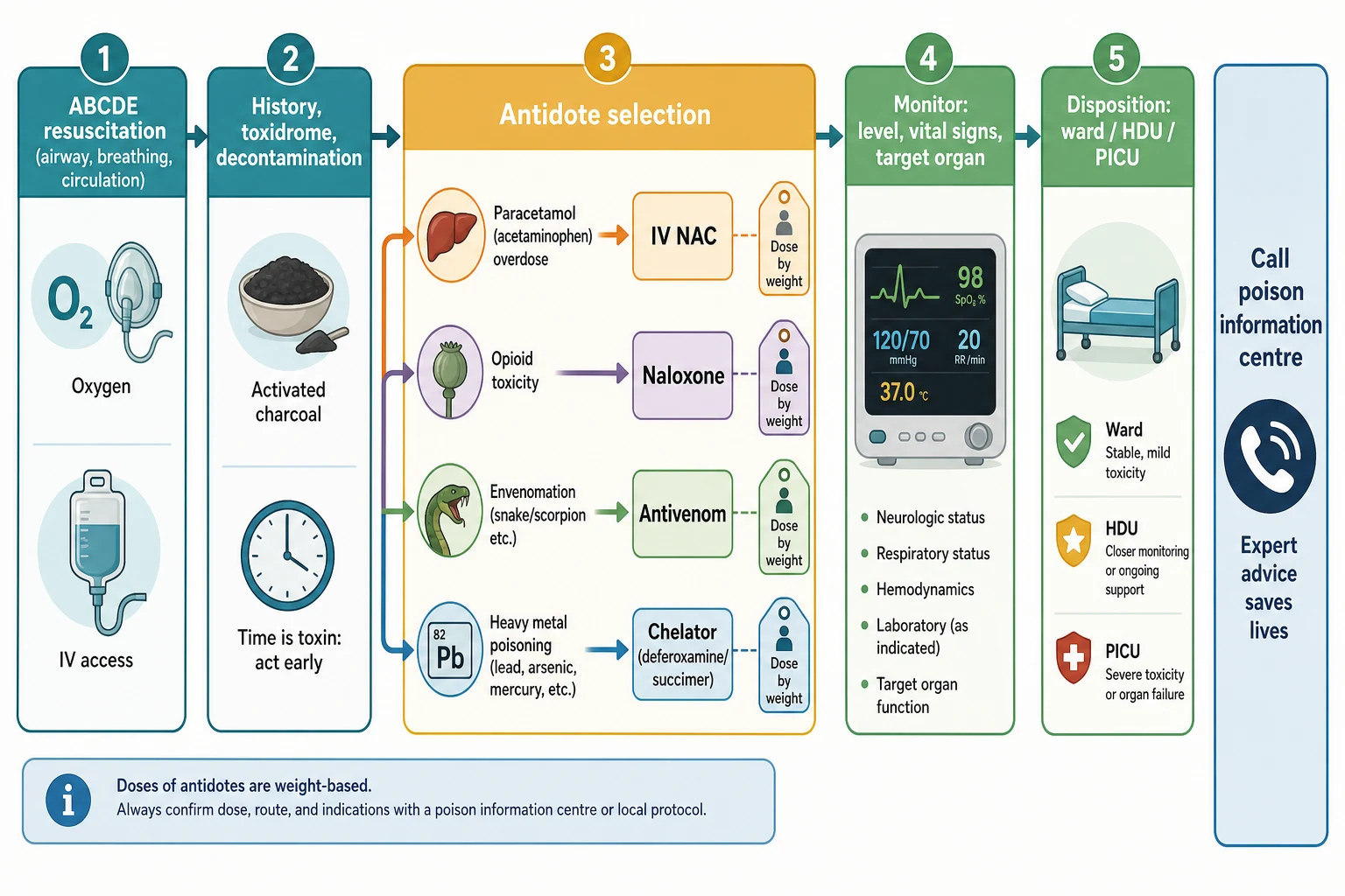Educational flowchart of stepwise management of the poisoned child: ABCDE resuscitation, history and toxidrome with decontamination, antidote selection branching to NAC for paracetamol, naloxone for opioid, antivenom for envenomation, and chelator for metals, then monitoring and disposition, with a call-the-poison-centre sidebar