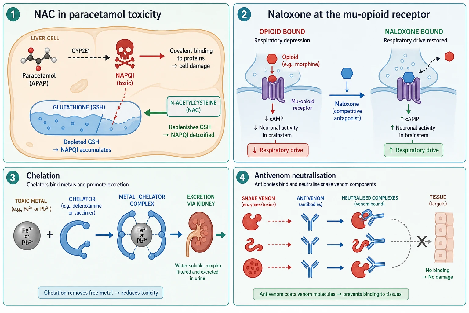 Educational schematic of four antidote mechanisms: N-acetylcysteine replenishing glutathione to detoxify paracetamol NAPQI, naloxone displacing opioid at the mu-opioid receptor to restore respiratory drive, chelators binding iron and lead for renal excretion, and antivenom antibodies neutralising snake venom
