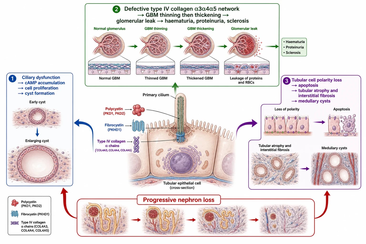 Pathophysiology of inherited nephropathies: a central primary cilium on a tubular epithelial cell with defective polycystin, fibrocystin or ciliary proteins branching into three pathways: ciliary dysfunction leading to cyst formation via cAMP, defective type IV collagen leading to glomerular basement membrane leak and sclerosis, and tubular cell loss leading to interstitial fibrosis and medullary cysts, with a feedback loop of progressive nephron loss.