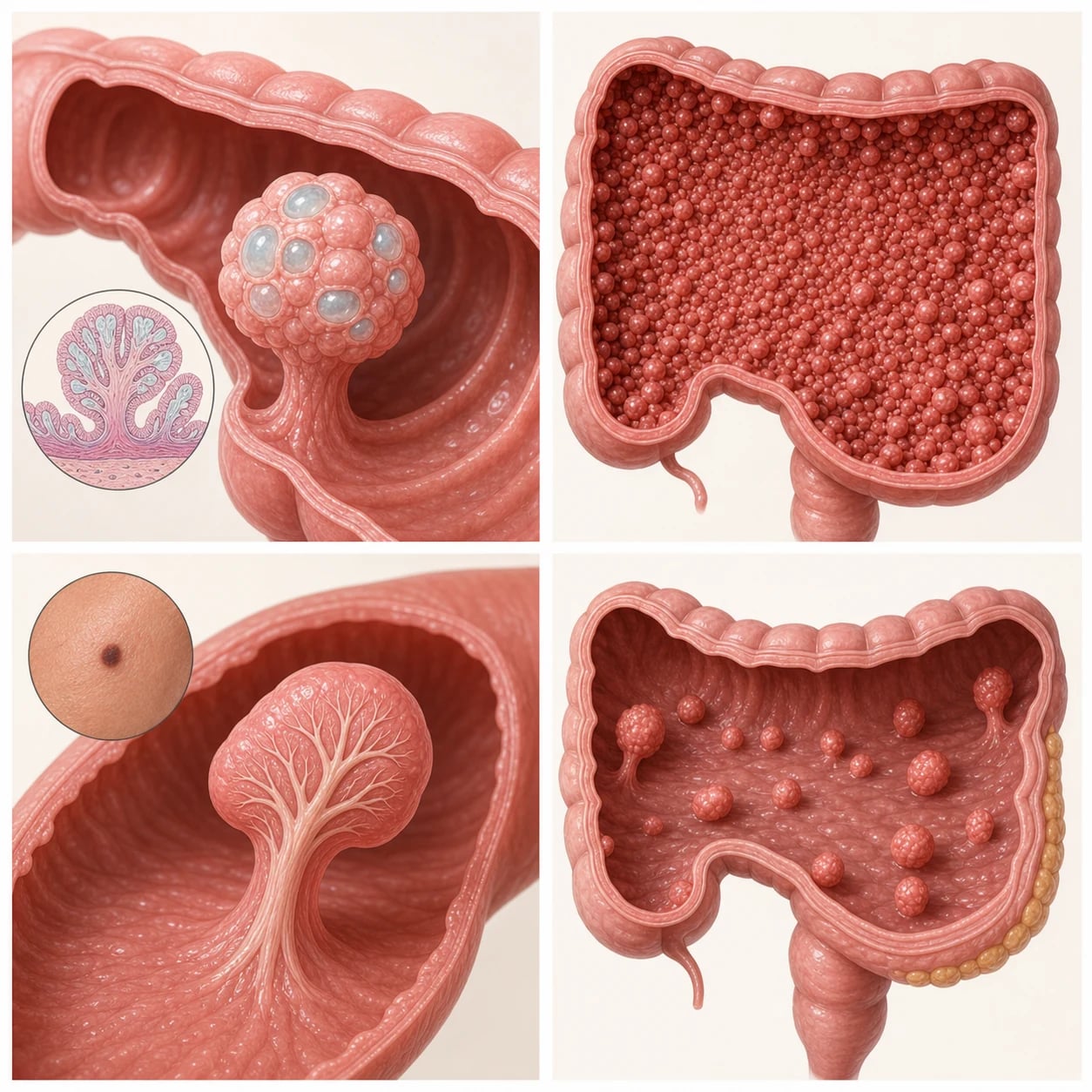 Four-quadrant classification of paediatric polyposis: a lobulated mucus-filled juvenile polyp for juvenile polyposis syndrome, hundreds of small adenomas carpeting the colon for familial adenomatous polyposis, a Peutz-Jeghers hamartomatous polyp with an arborising smooth-muscle core and a dark lip-pigmentation dot, and scattered fewer adenomas for MUTYH-associated polyposis.
