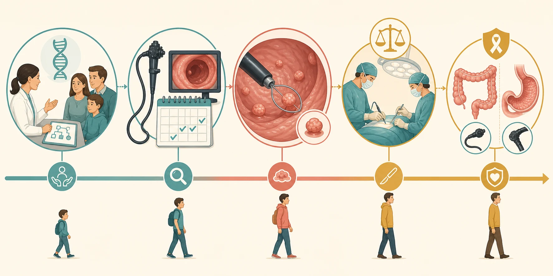 Left-to-right management pathway from genetic counselling and germline testing, through age-based endoscopic surveillance with a colonoscope, to polypectomy of detected polyps, then a prophylactic colectomy decision point in late adolescence, then lifelong cancer screening of the colon and duodenum.