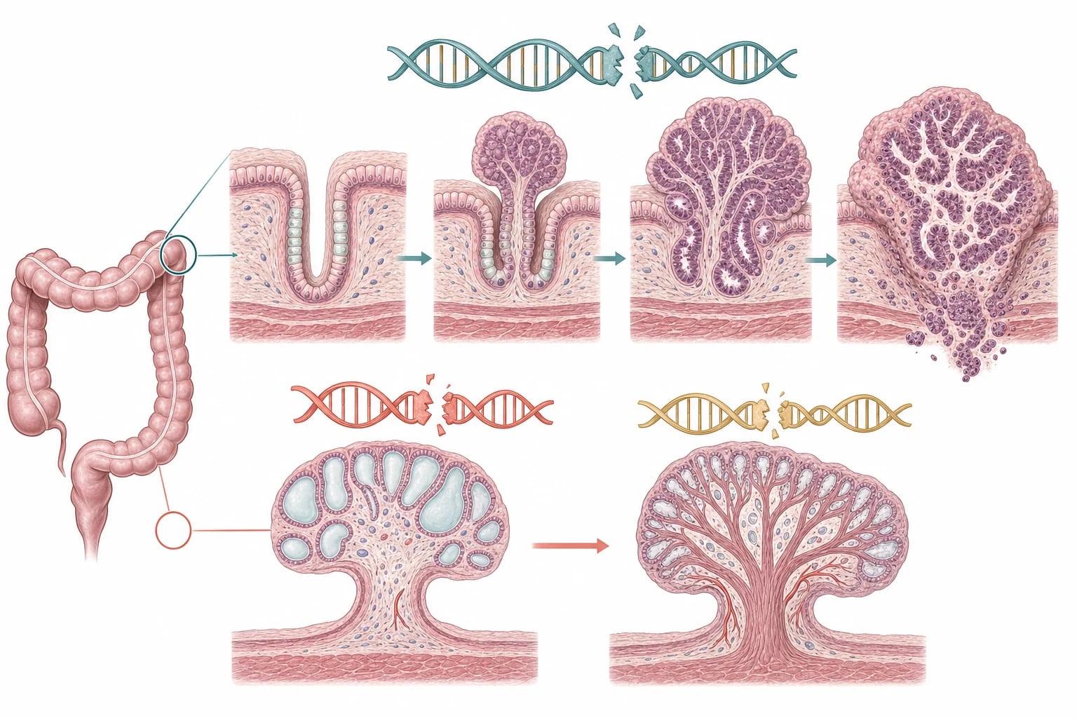 Two parallel mechanism pathways: the upper showing a normal colonic crypt progressing to a small adenoma then a dysplastic polyp then invasive adenocarcinoma driven by a broken APC gene, and the lower showing a hamartomatous juvenile polyp with enlarged mucus-filled glands and a Peutz-Jeghers polyp with abnormal smooth-muscle arborisation driven by broken SMAD4 and STK11 genes.